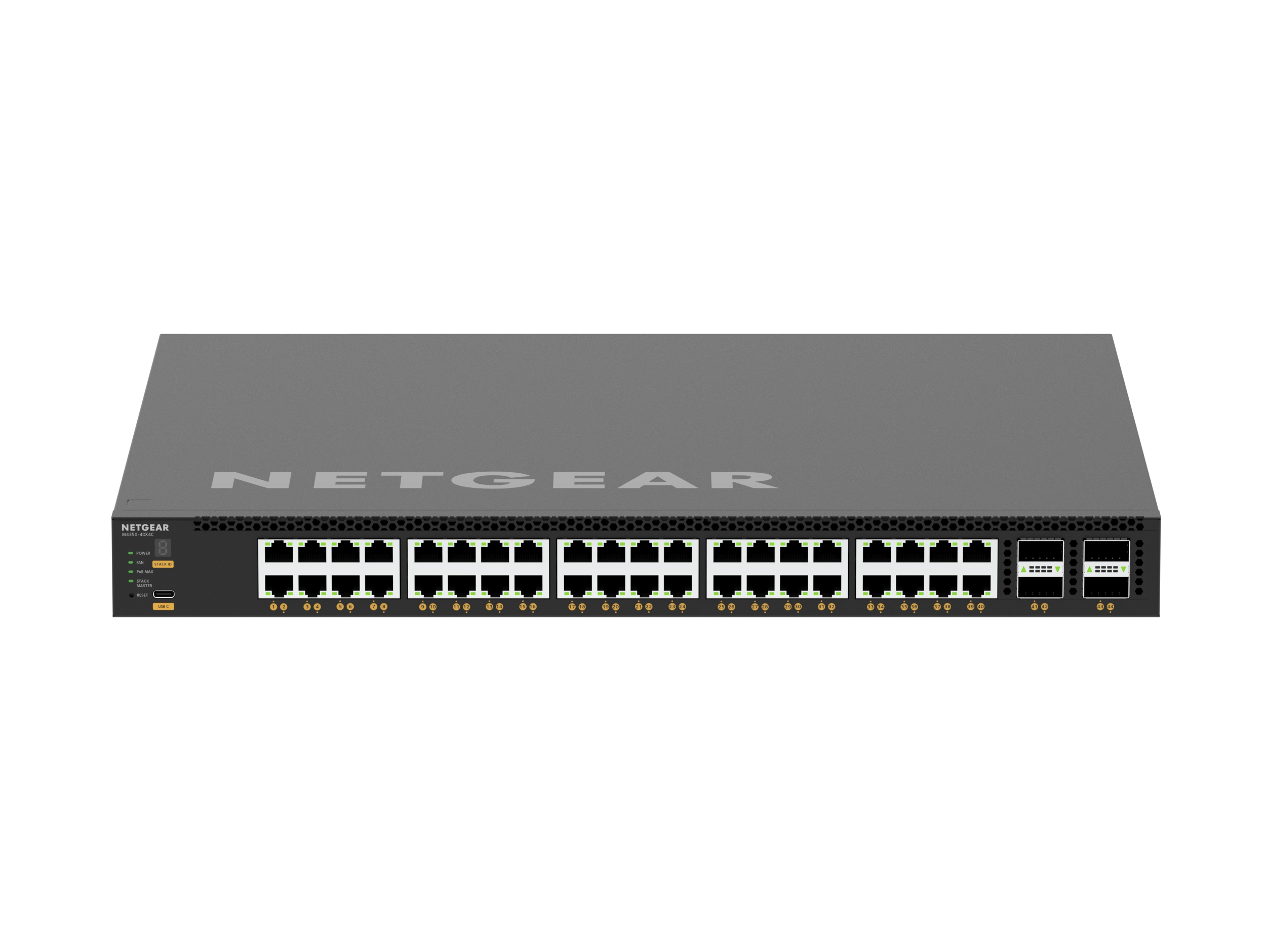 Switch di rete NETGEAR grigio con porte, logo e sfondo bianco.