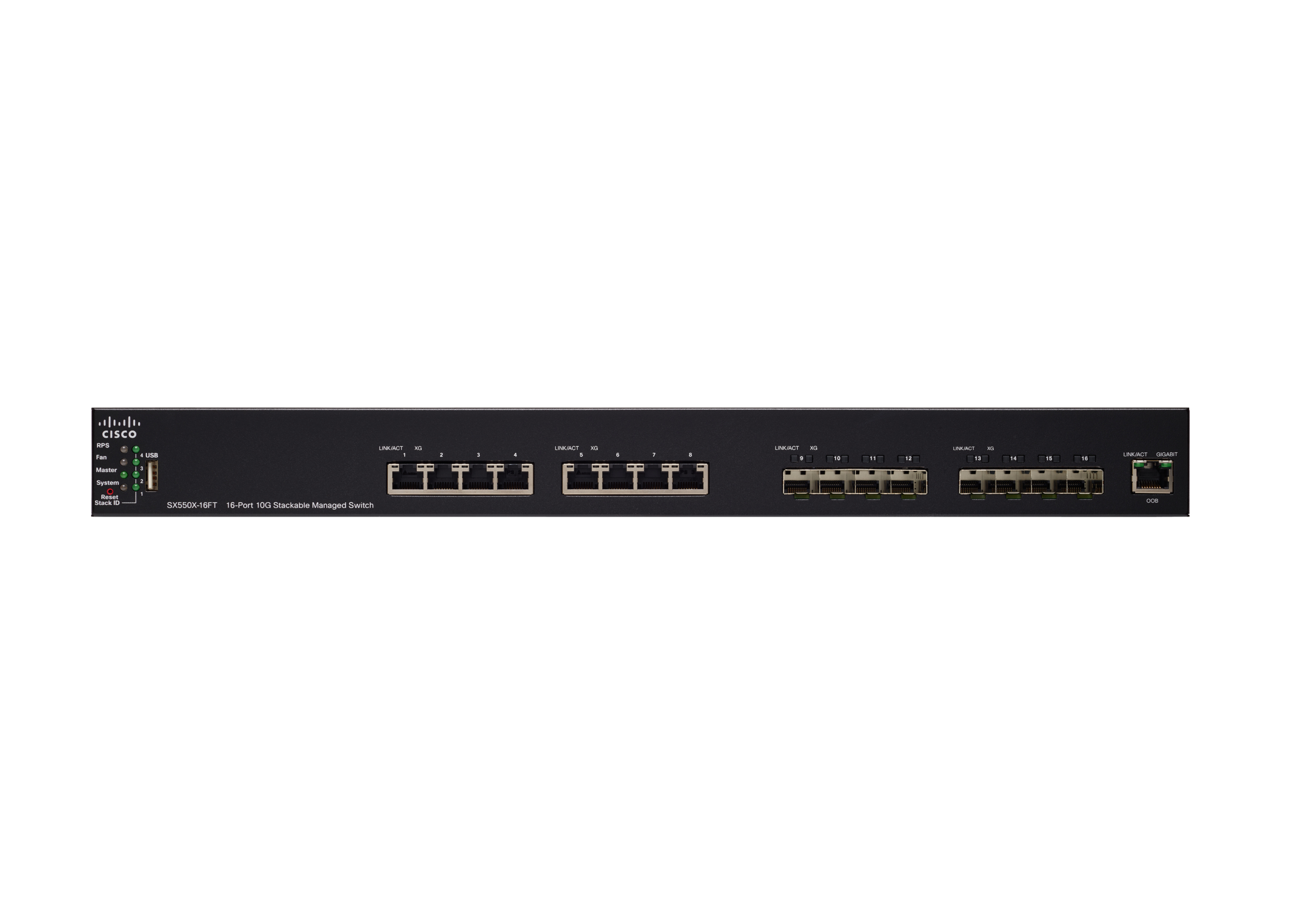 Schwarzer Cisco-Switch mit Anschlüssen, Beschriftungen und Anzeigen auf weißem Hintergrund.