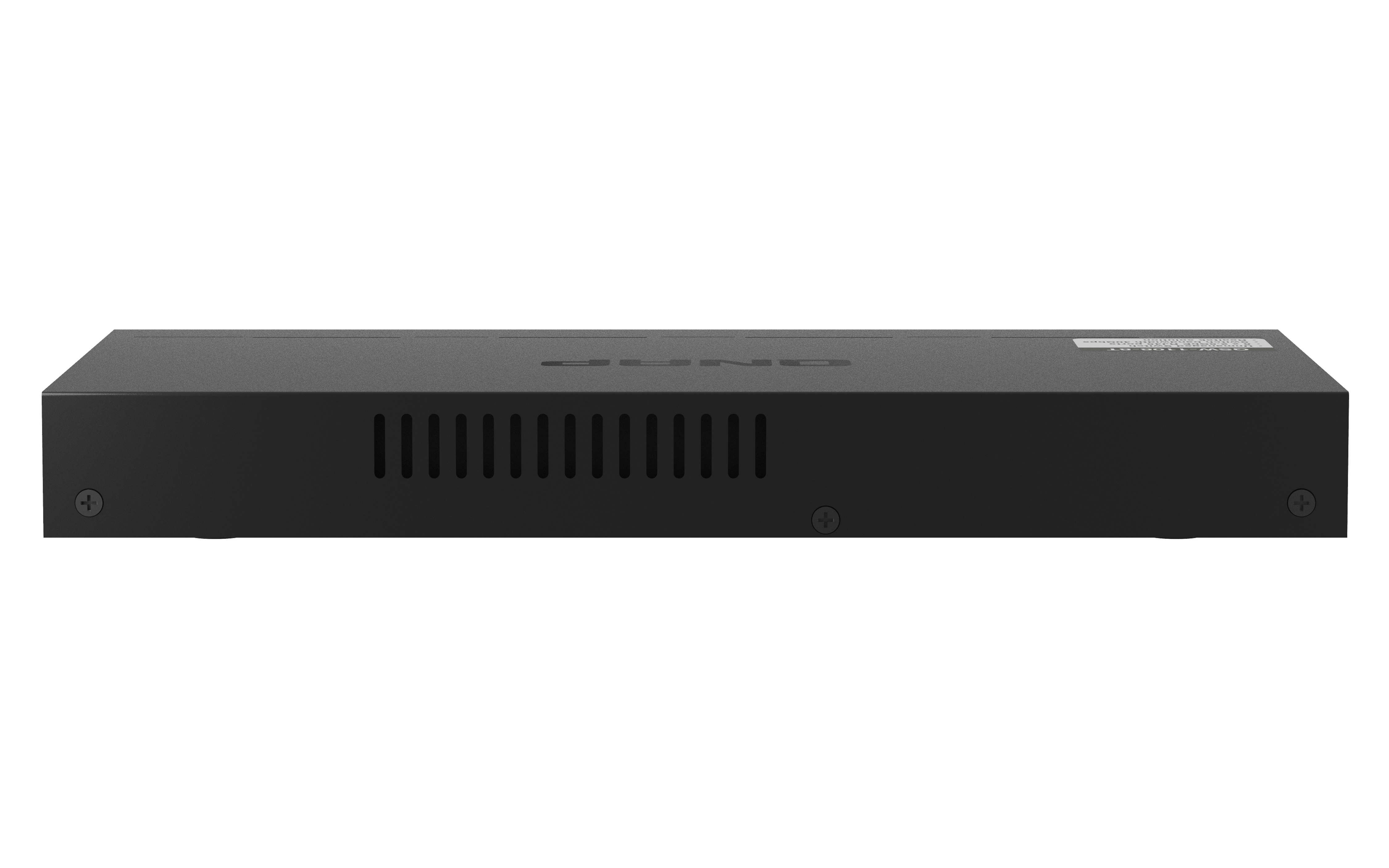 Czarny przełącznik sieciowy na białym tle. Widok z góry, z widocznymi otworami wentylacyjnymi.