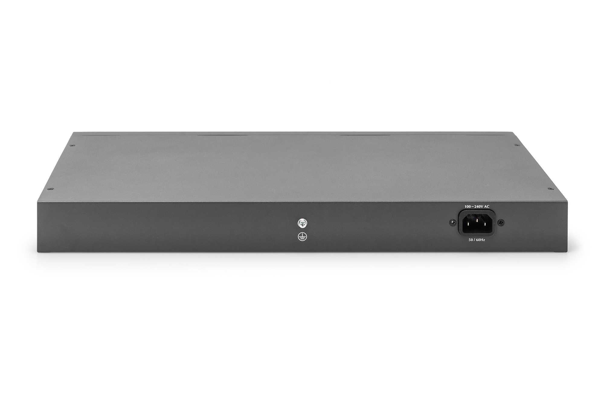 Tył szarego przełącznika sieciowego z wejściem zasilania i śrubami. Białe tło.