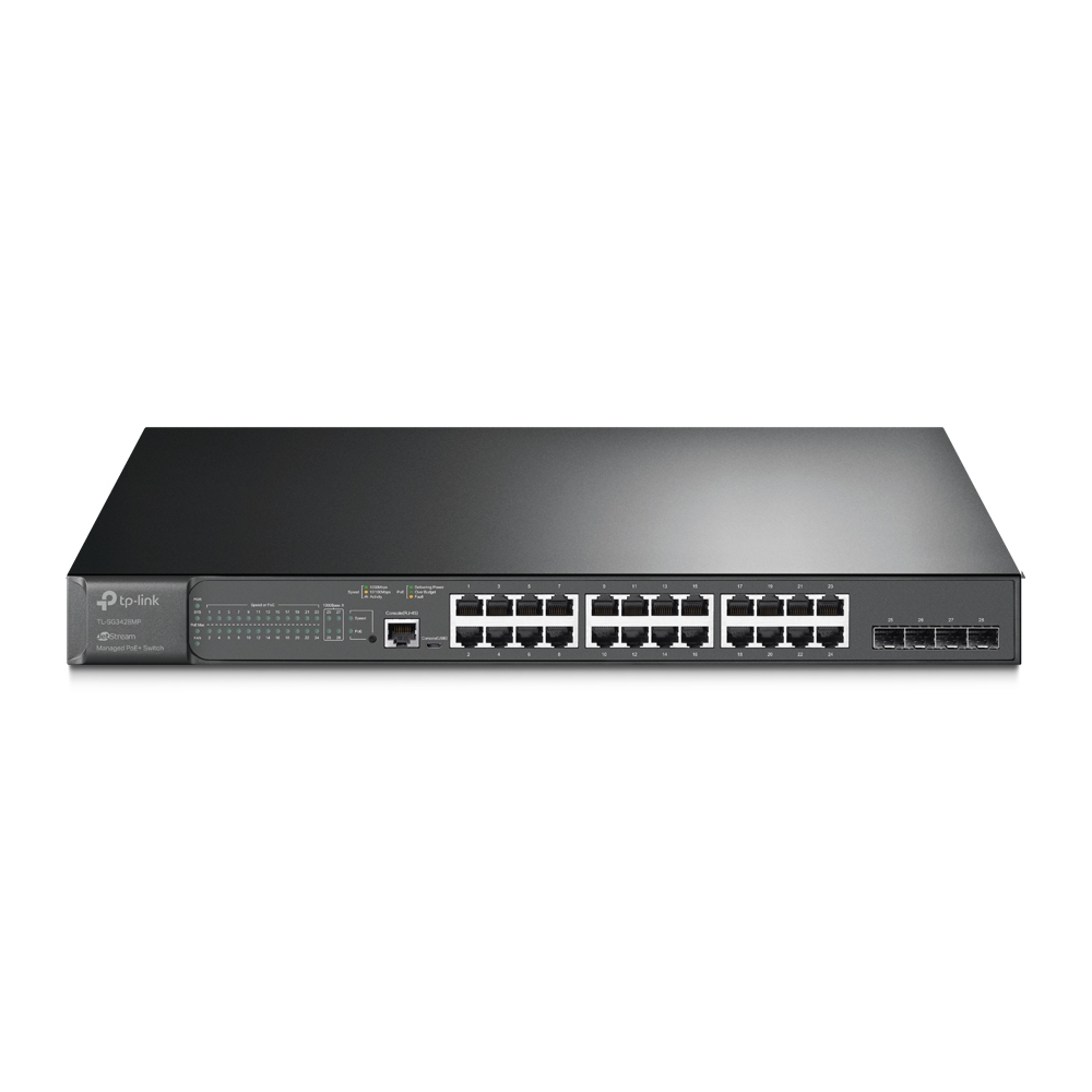 Schwarzer TP-Link Netzwerk-Switch. Zahlreiche Ports sind sichtbar. Weißer Hintergrund.