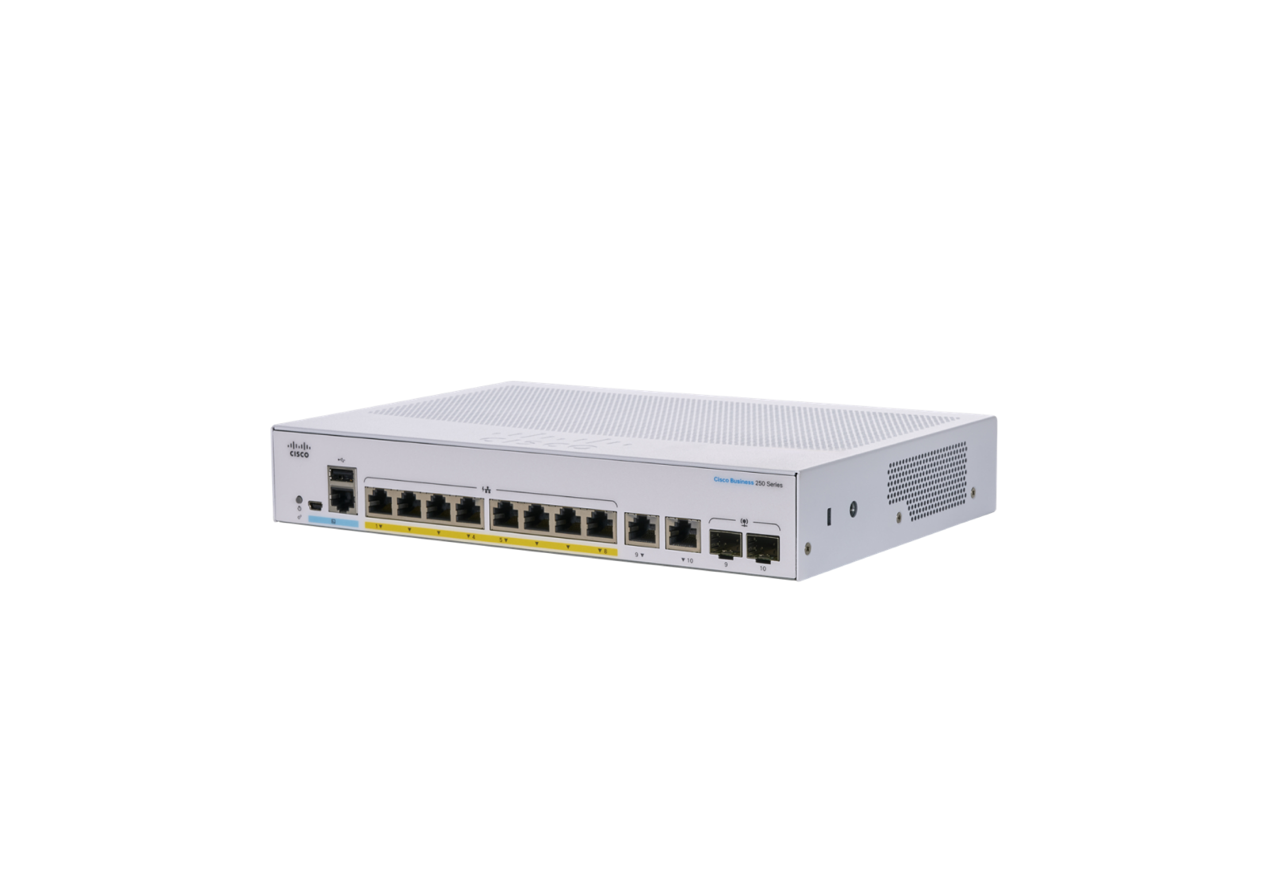 Ein weißer Cisco-Netzwerk-Switch mit mehreren Anschlüssen auf weißem Grund.