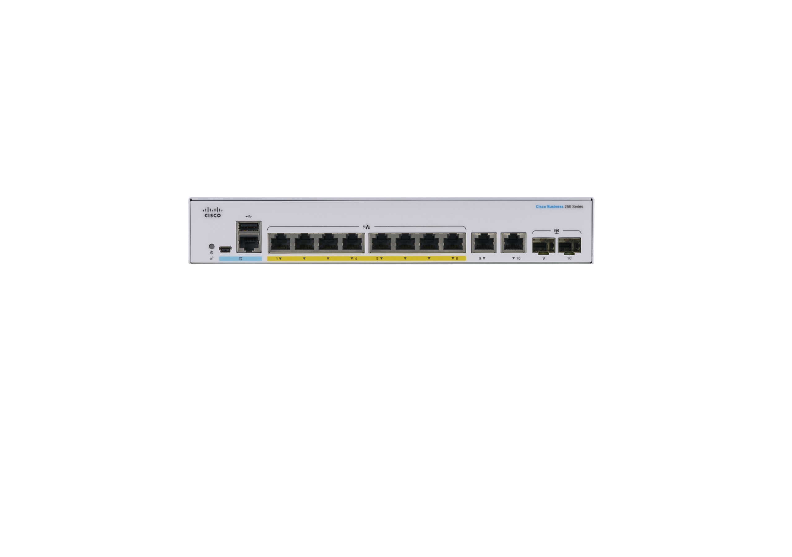 Weißer Cisco Business Switch mit zehn Anschlüssen. Markenname sichtbar. Weißer Hintergrund.