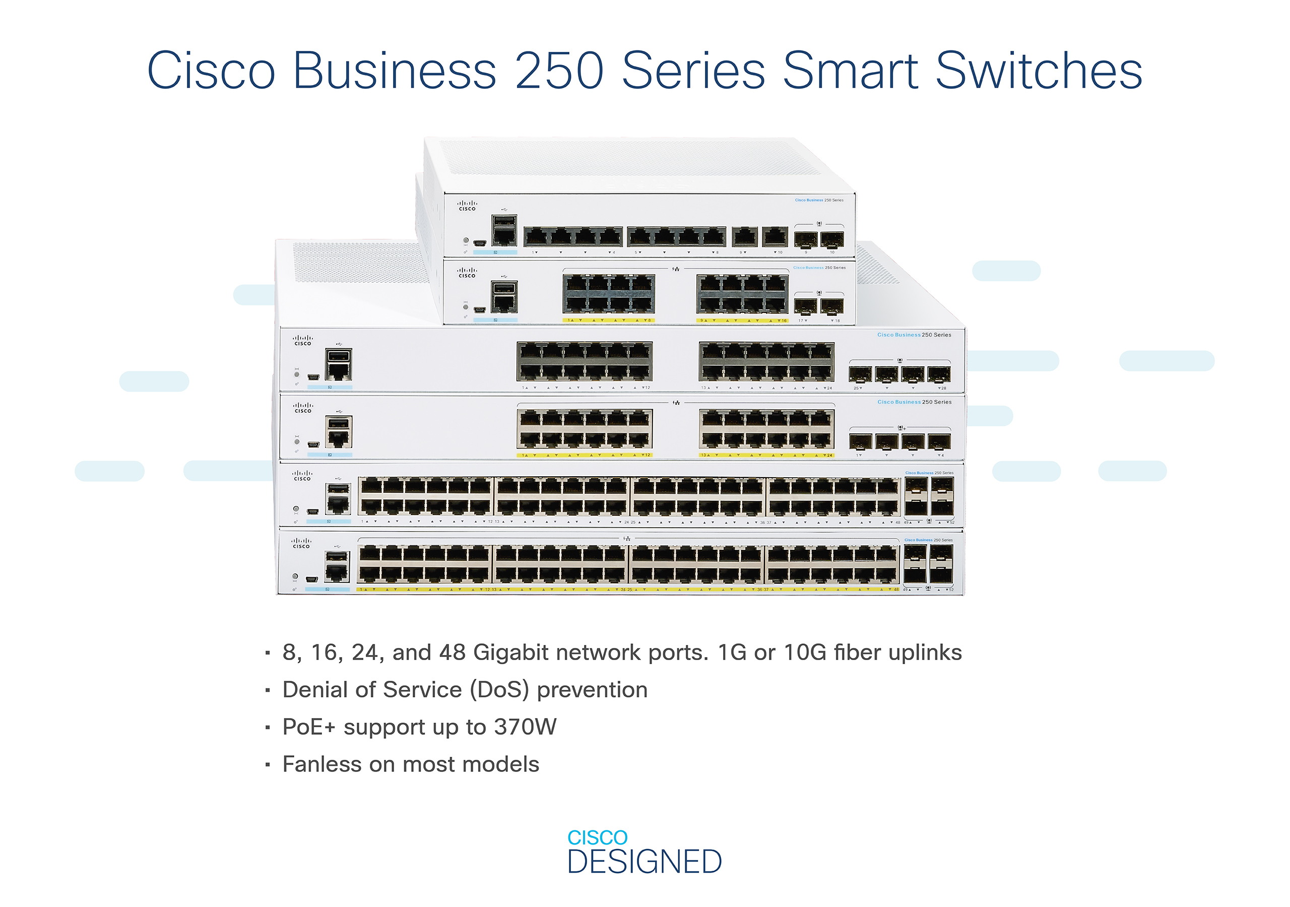 Cisco Business 250 Series Smart Switches. Verschiedene Switches sind gestapelt. Weißer Hintergrund.