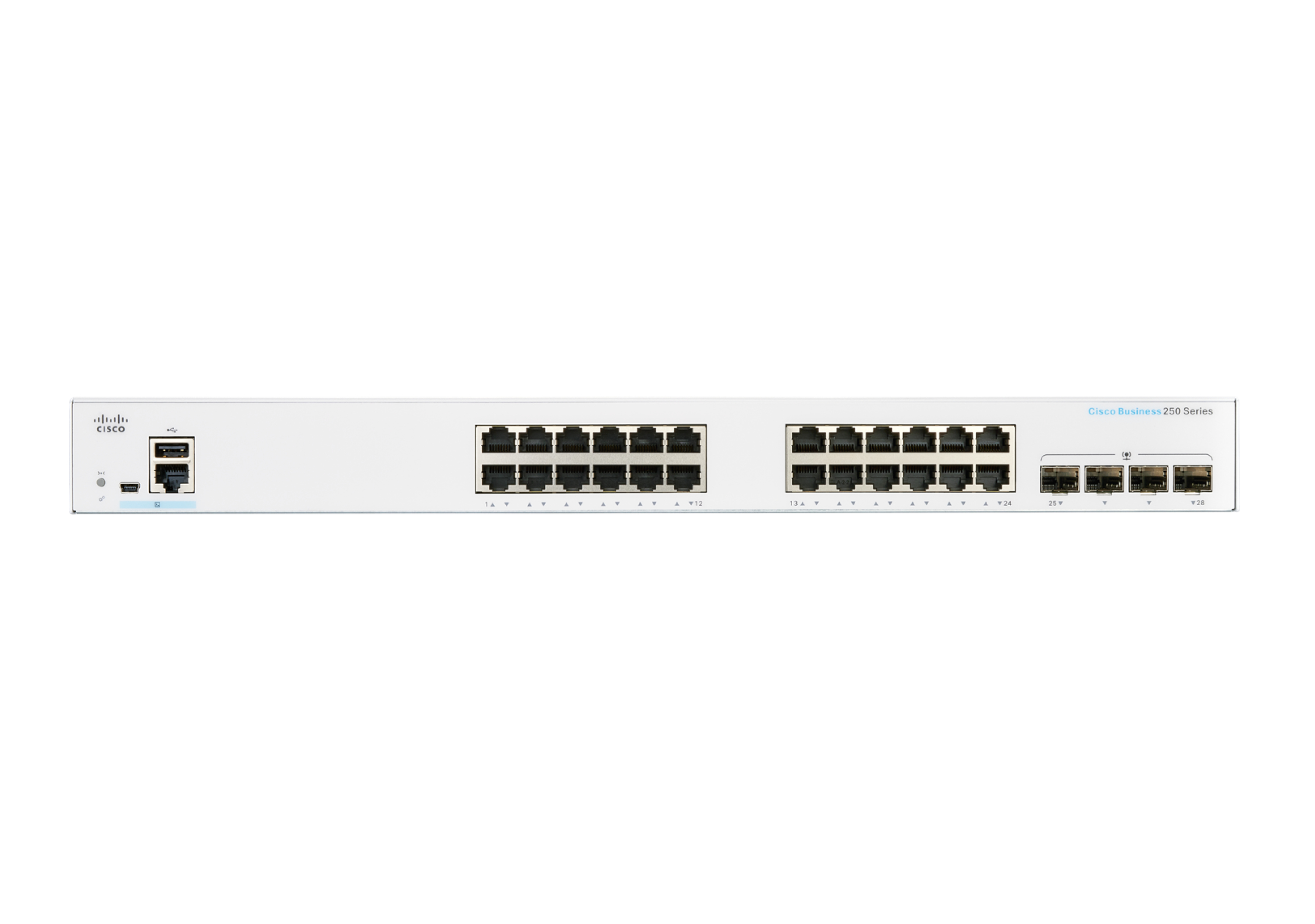 Weißer Netzwerk-Switch. Mehrere Anschlüsse sind auf der Vorderseite sichtbar. Cisco-Logo und Modellreihe sichtbar.