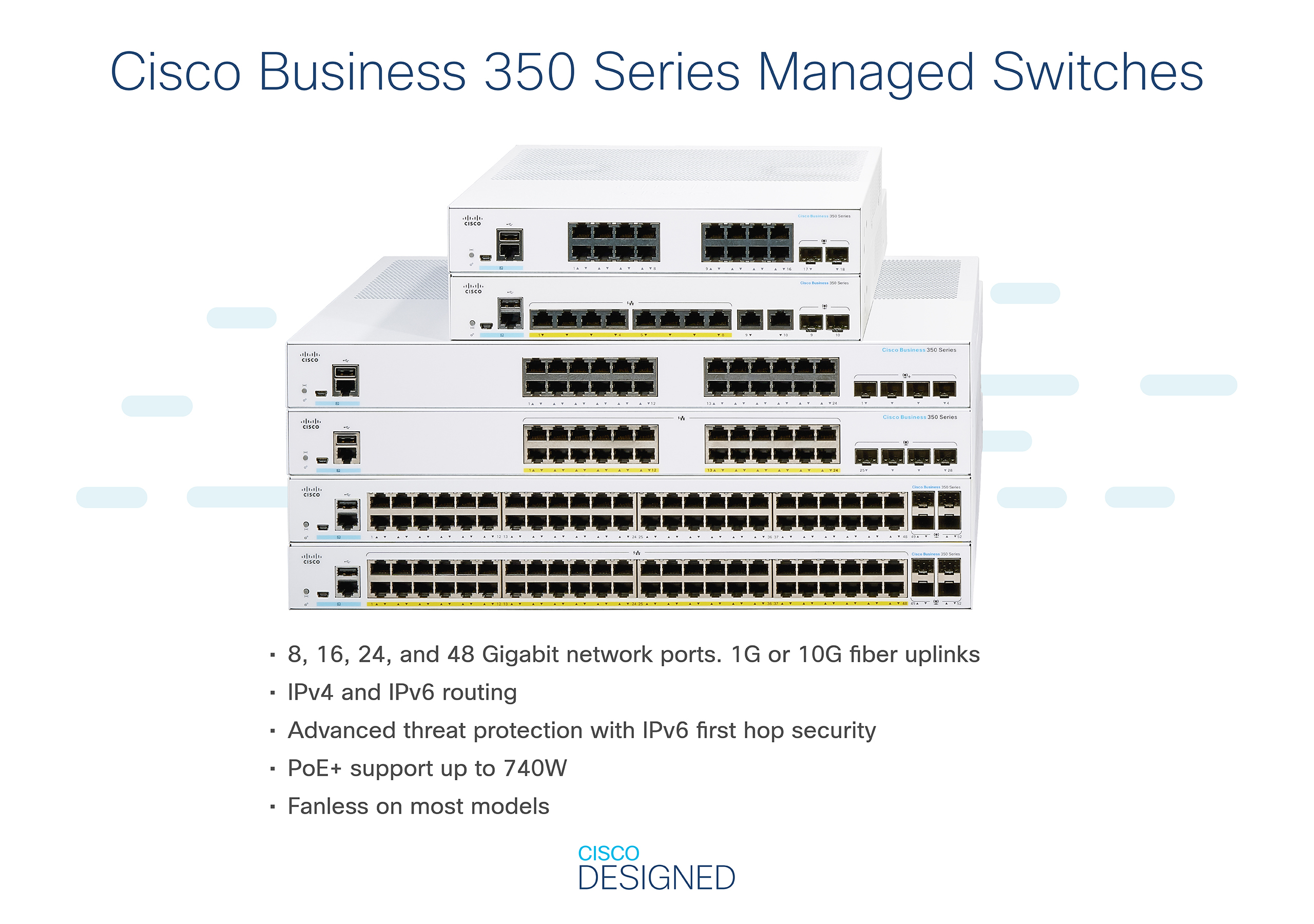 Una collezione di switch gestiti Cisco Business, impilati. Dettagli delle specifiche di ogni modello.