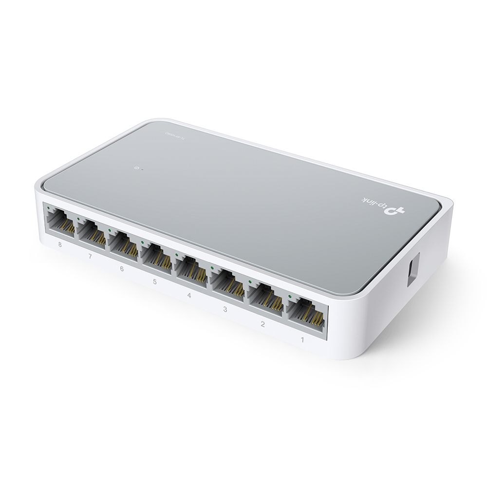 Switch TP-Link blanco y gris con 8 puertos, ligeramente en ángulo. El logotipo de TP-Link está arriba.