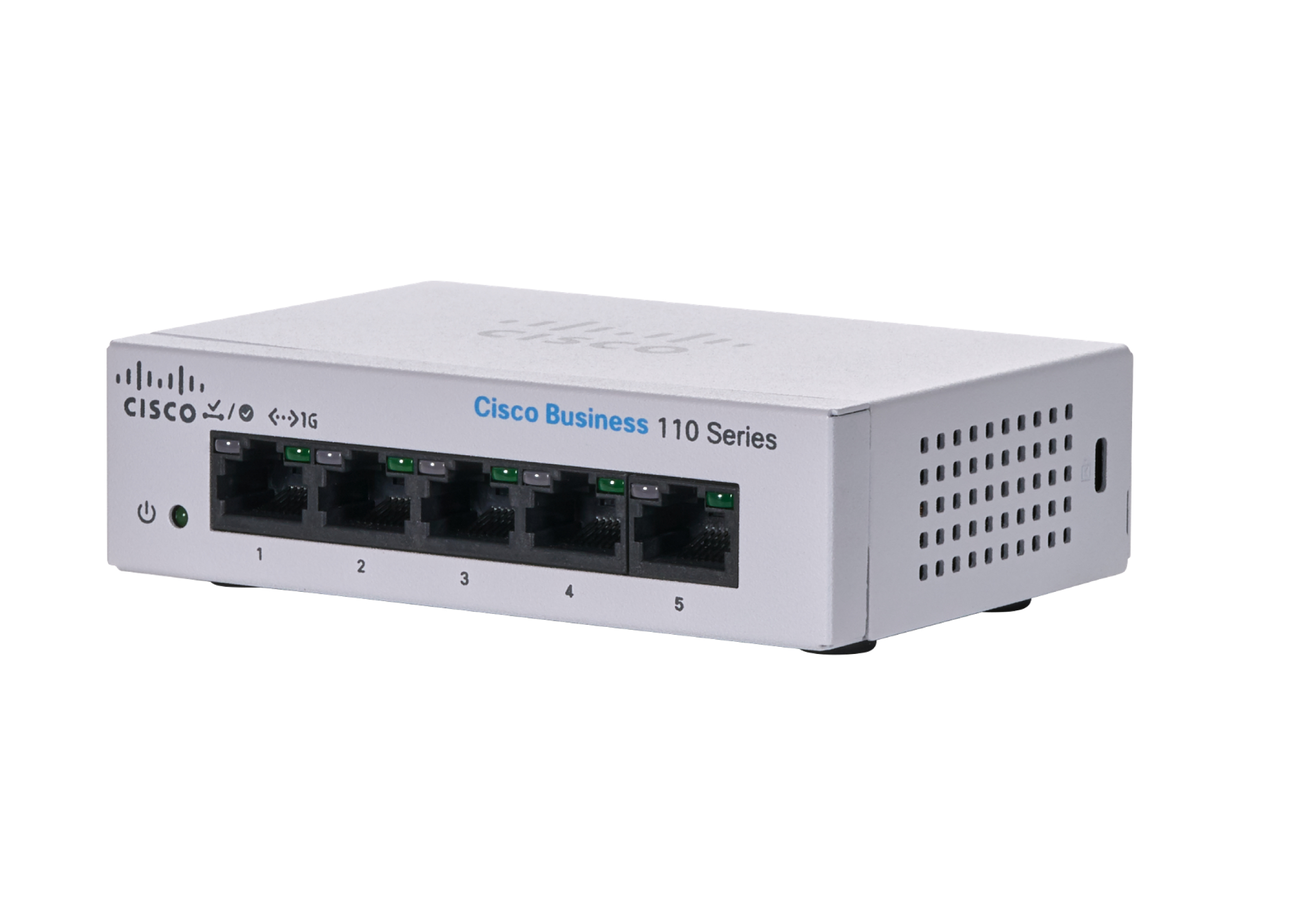 Silberner Cisco Business 110 Series Netzwerk-Switch mit Anschlüssen auf Weiß.
