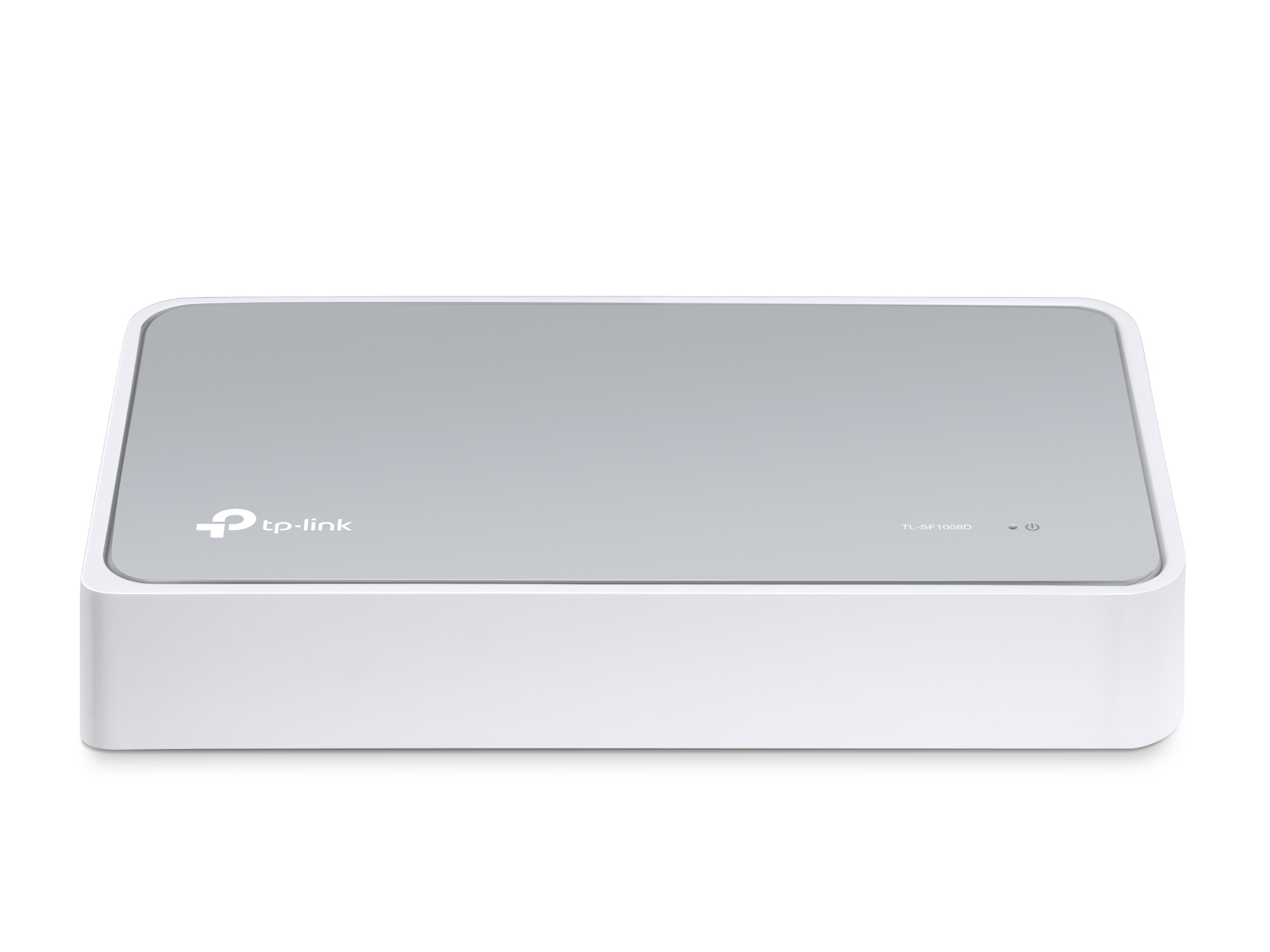 Un switch de red blanco y gris sobre un fondo blanco. El logotipo de tp-link es visible.