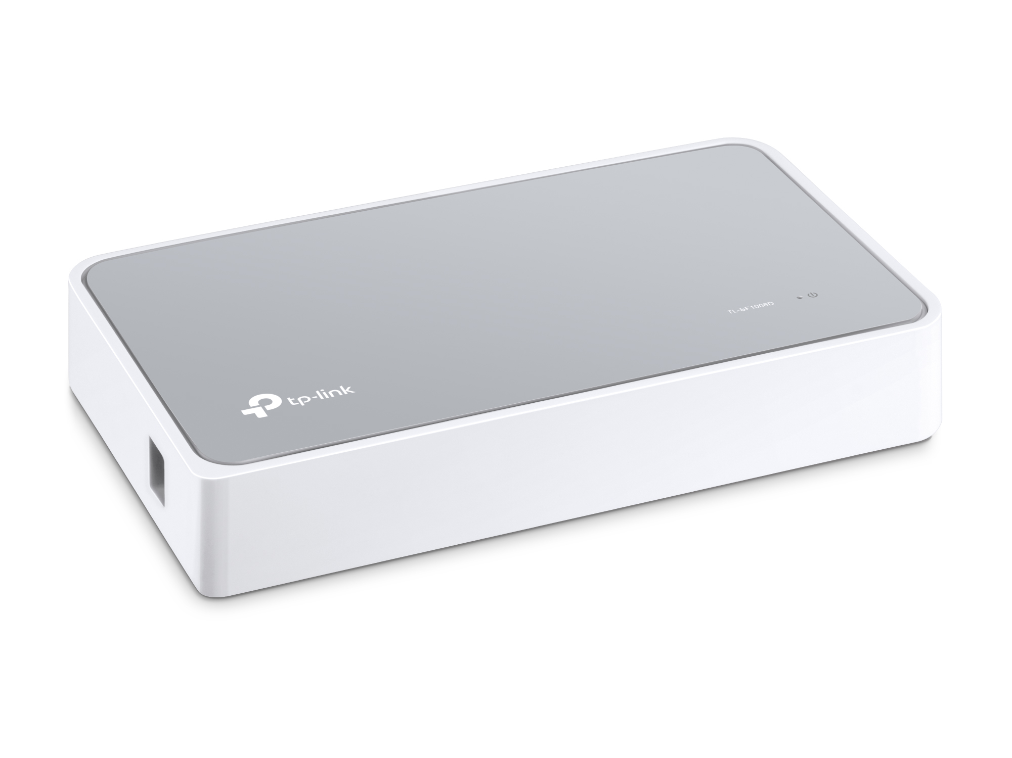 Conmutador TP-Link blanco y gris. Fondo blanco.