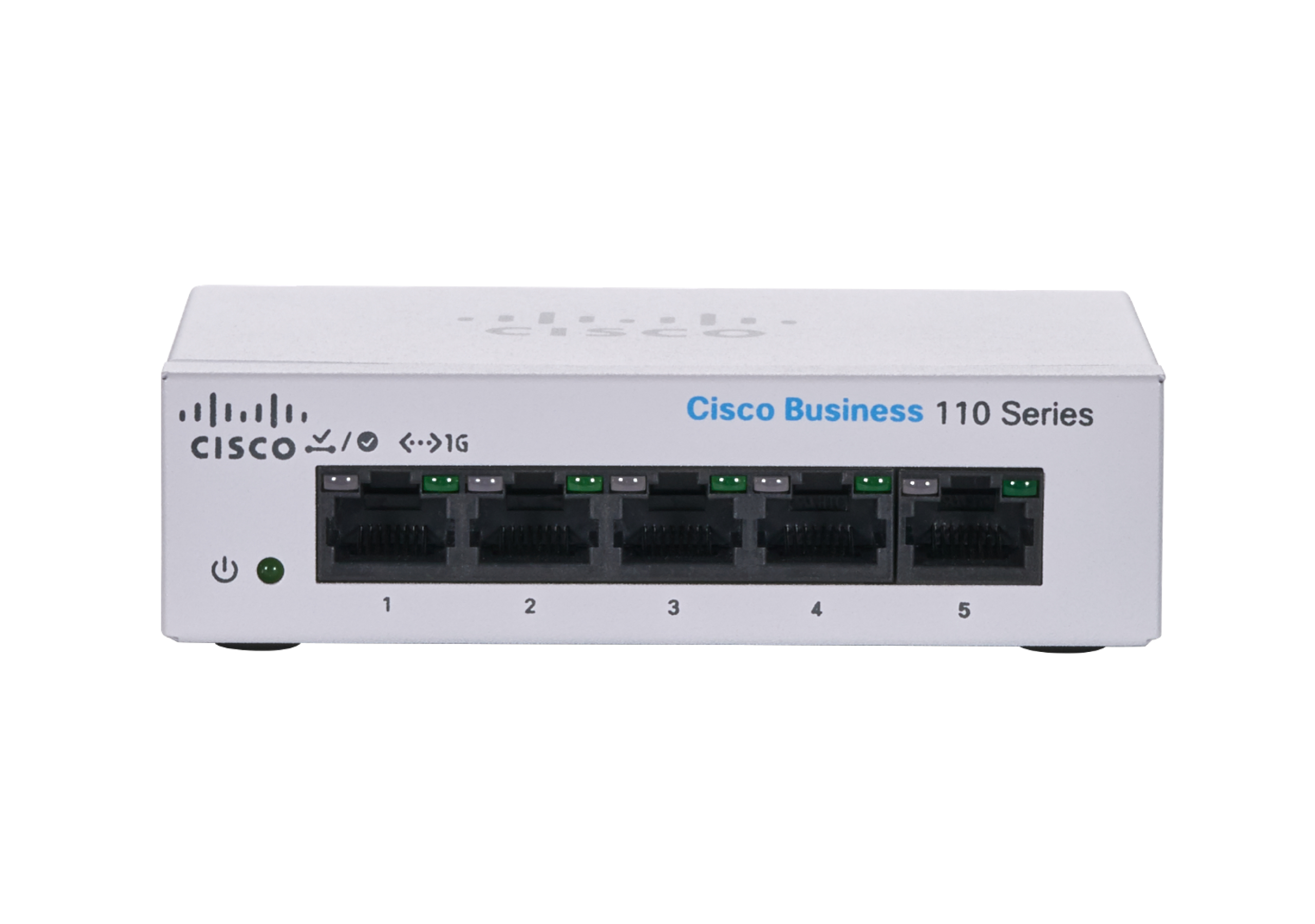 Weißer Cisco Netzwerk-Switch, Vorderansicht. Cisco-Logo. Fünf Ports sichtbar. Weißer Hintergrund.