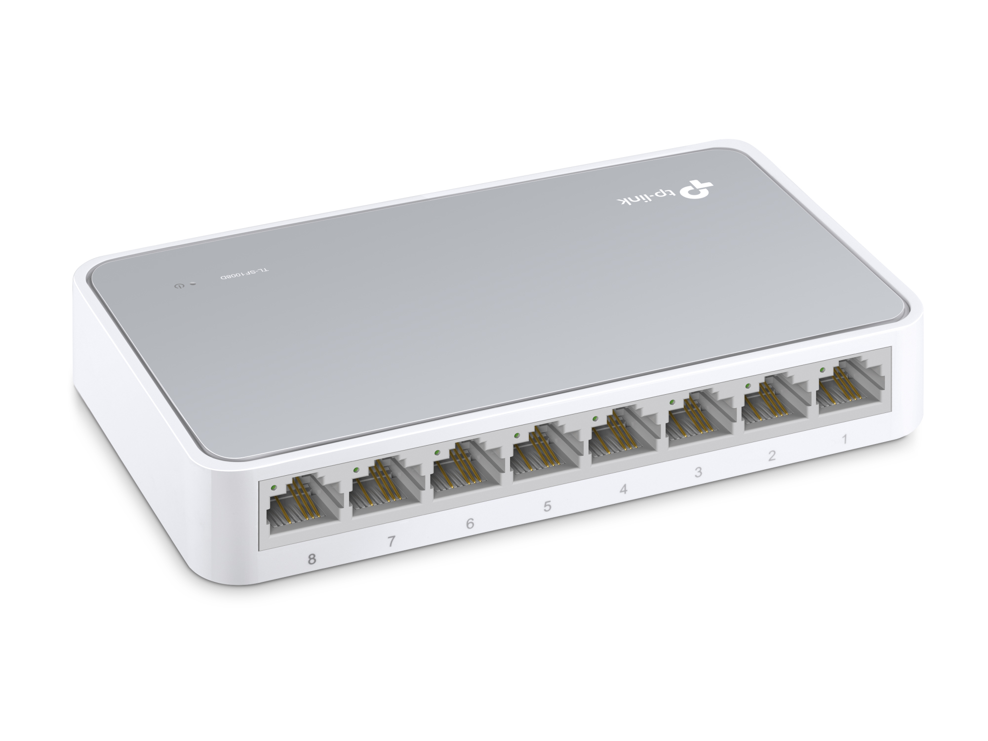 Switch TP-Link blanco y gris. Ocho puertos numerados al frente. Luces de encendido y actividad presentes.