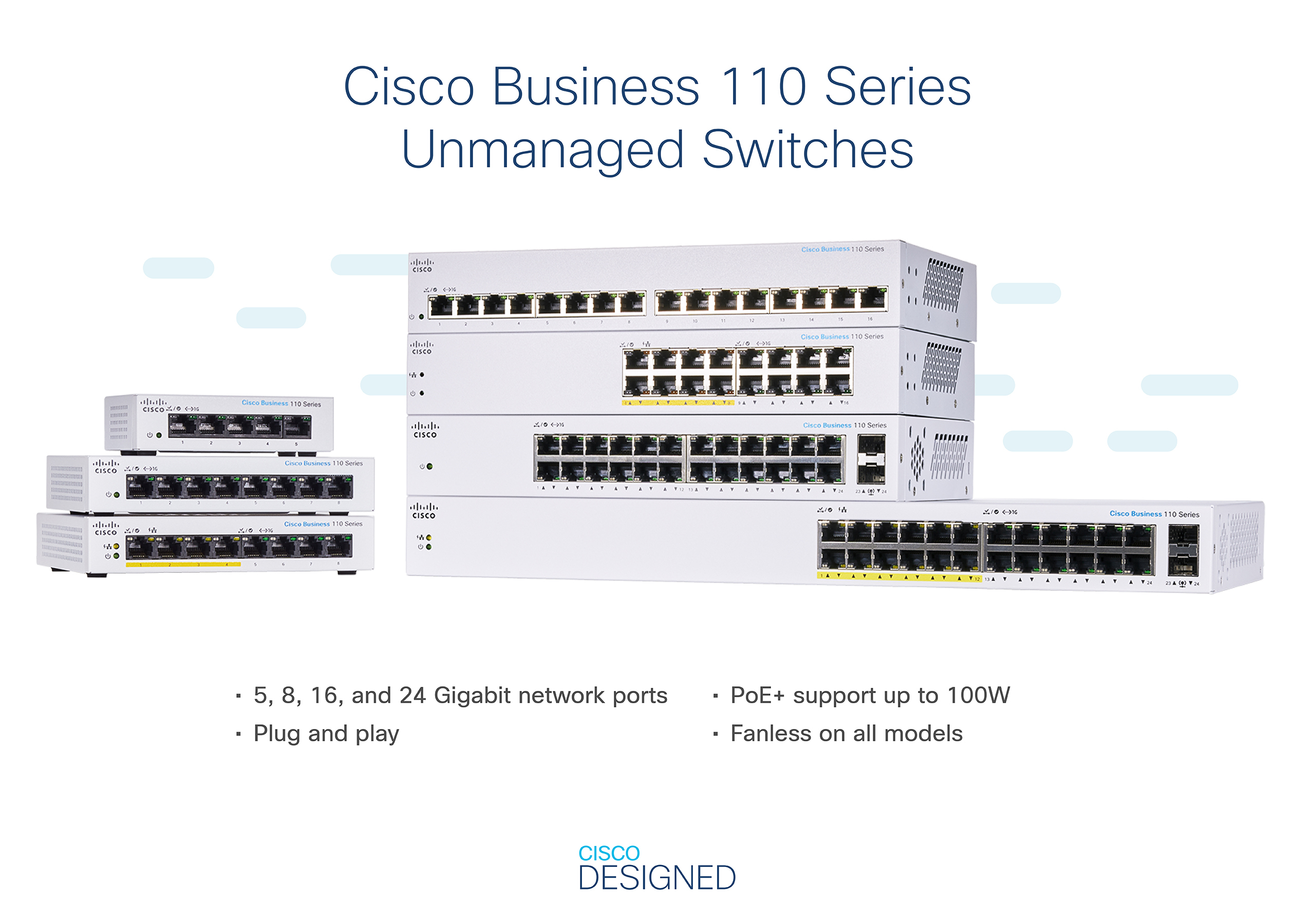 Eine Gruppe von Cisco Business 110 Series Unmanaged Switches mit einer Liste von Funktionen darunter.