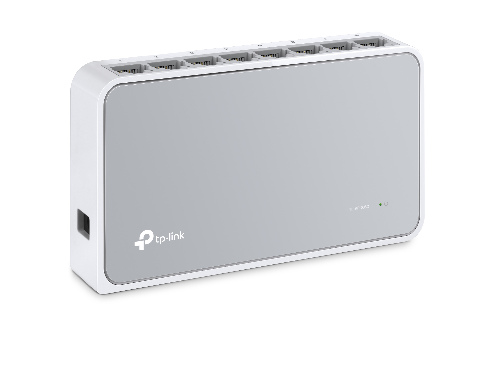 Un switch de red TP-Link blanco y gris con ocho puertos, sobre blanco.