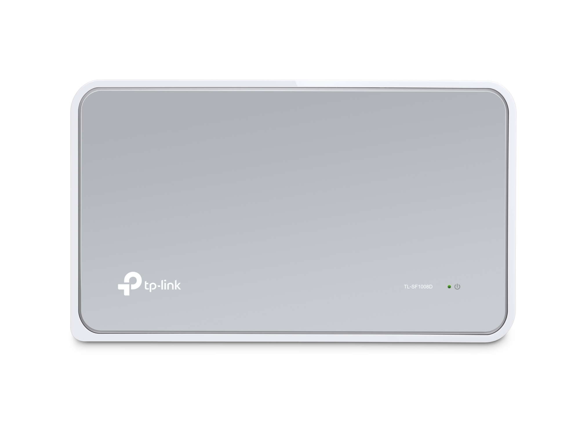Switch de red TP-Link blanco con luz de encendido y logotipo.