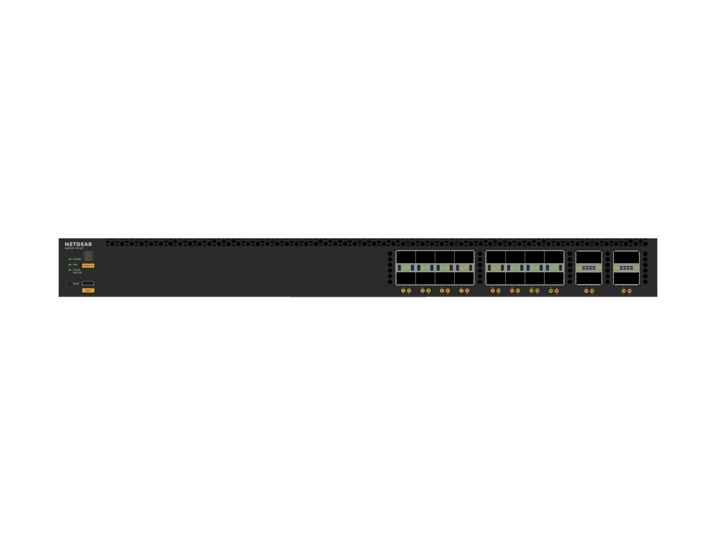 Switch di rete nero con più porte, LED e logo NETGEAR. Su sfondo bianco.