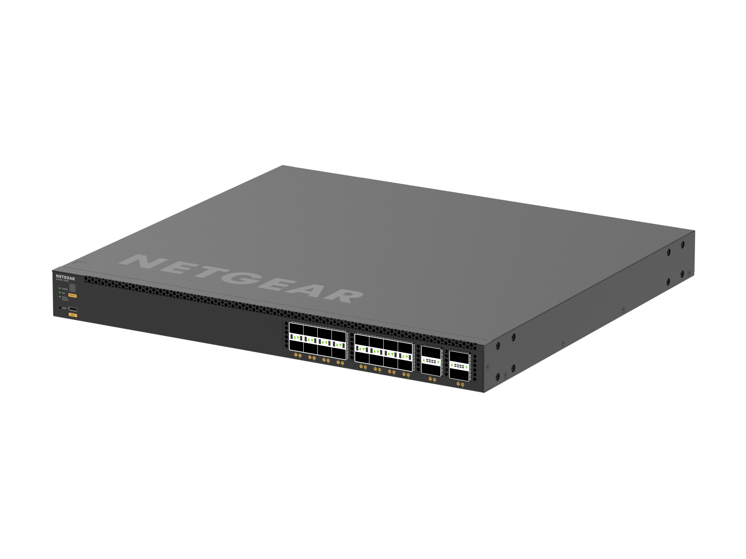 Switch di rete Netgear grigio scuro. Logo Netgear visibile. Sfondo bianco.