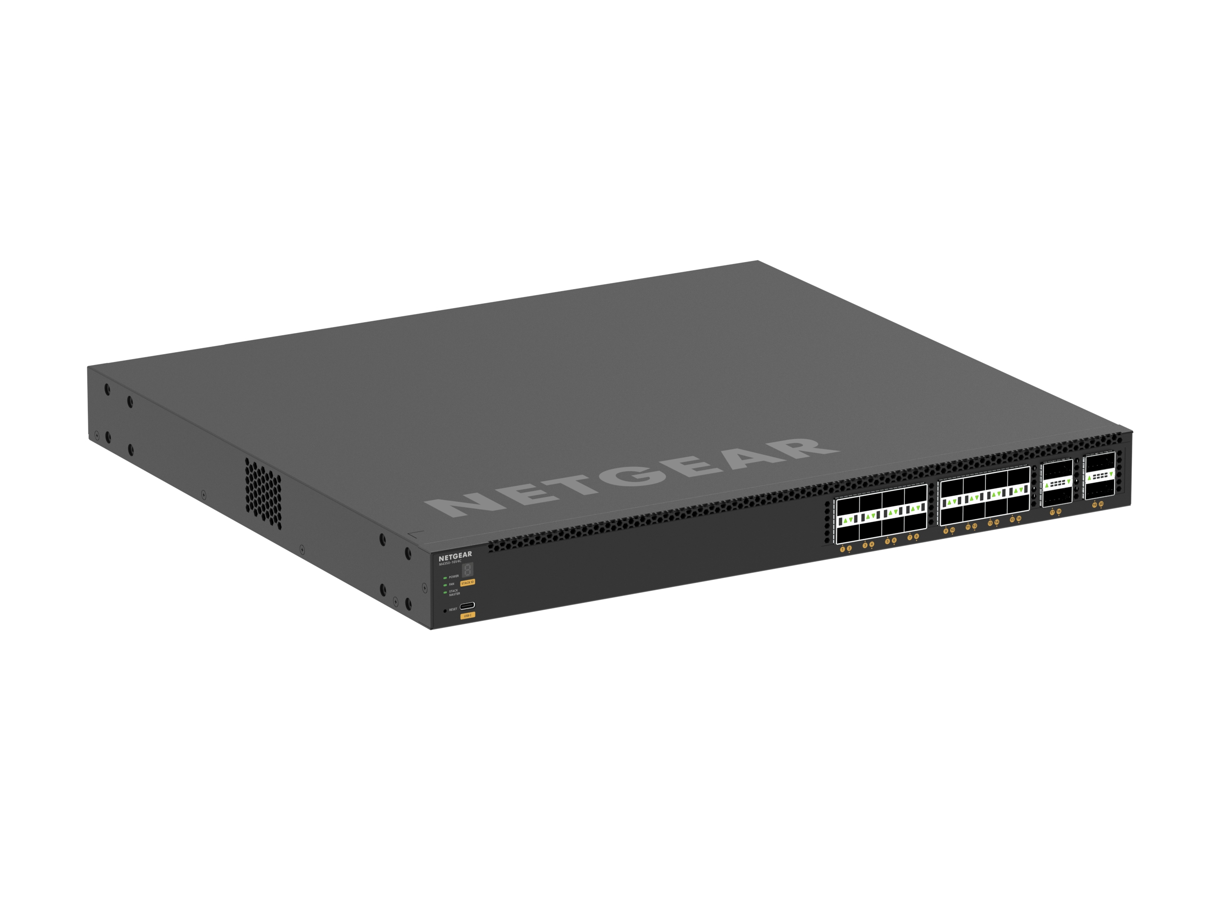 Switch di rete NETGEAR nero. Le porte sono sul davanti. Il logo NETGEAR è visibile.