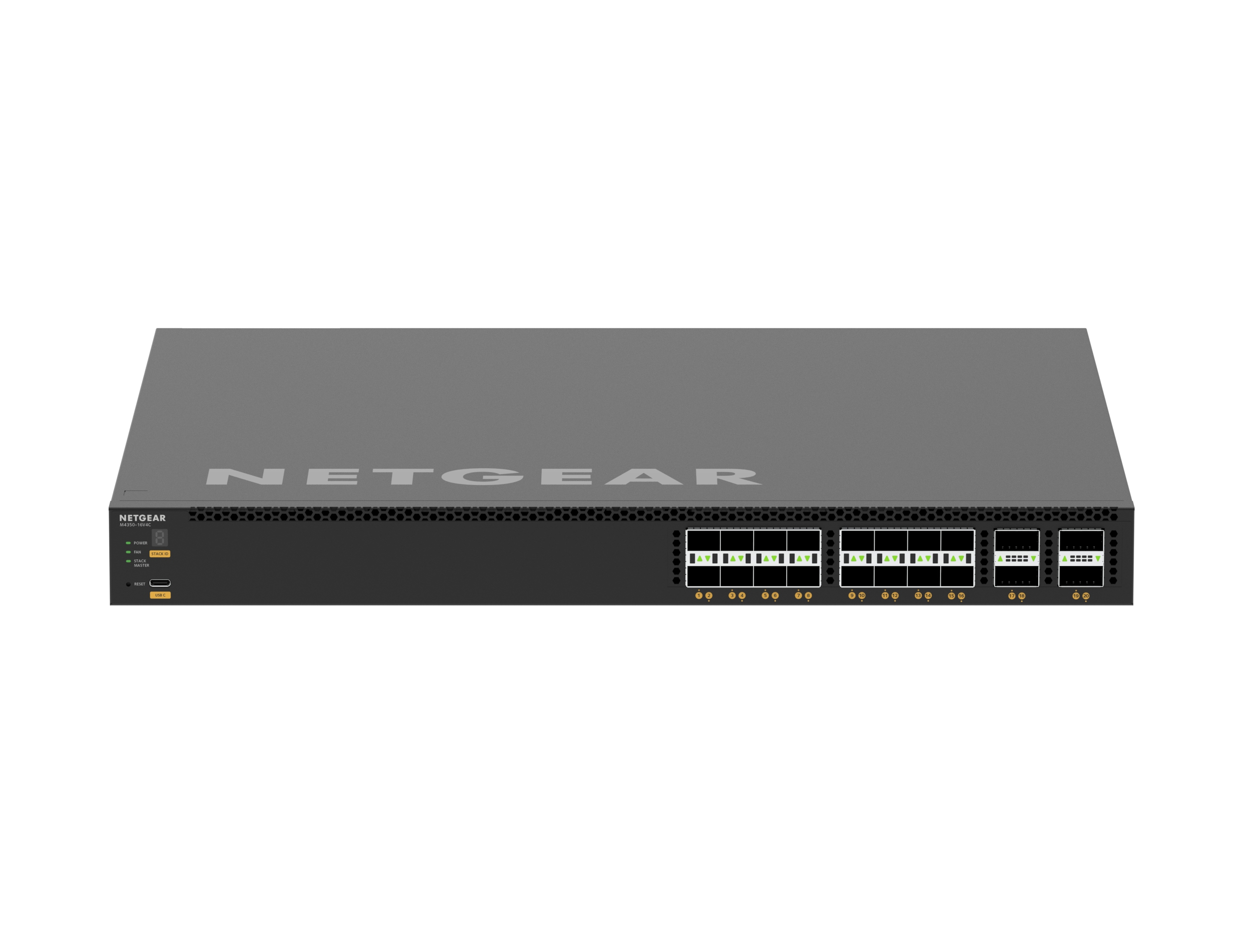 Switch di rete nero con NETGEAR sopra e più porte. Sfondo bianco.