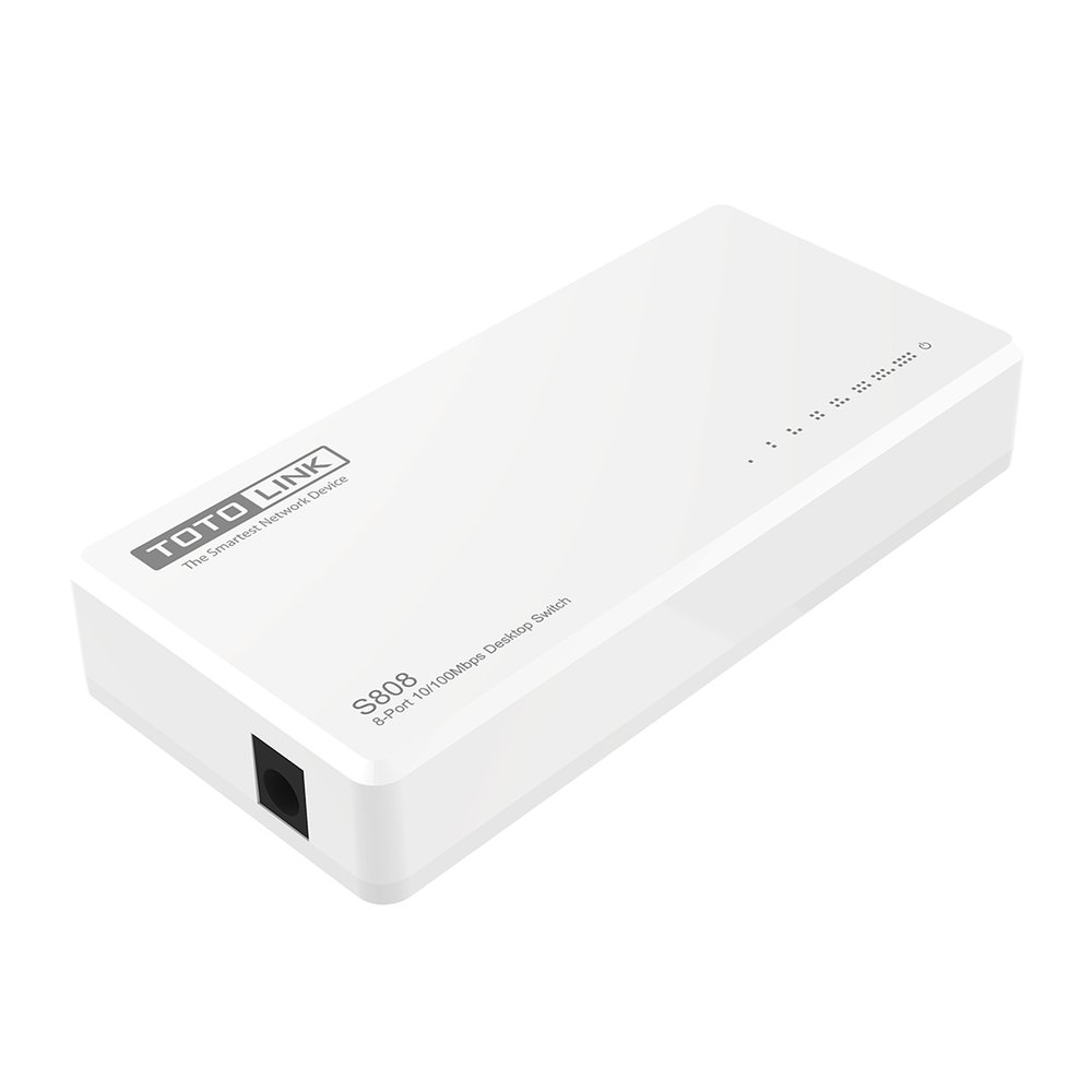 Switch de red Toto Link blanco con puertos e indicadores luminosos.