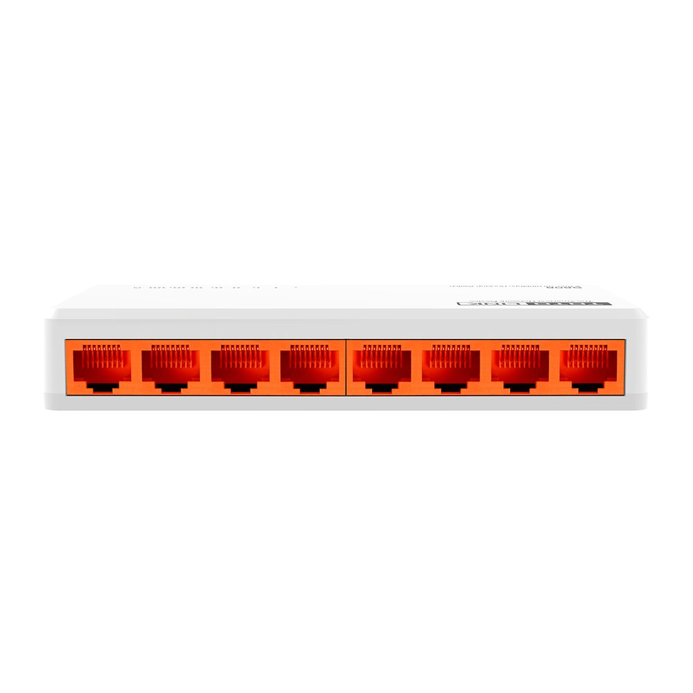 Switch de red blanco, vista frontal. Ocho puertos naranjas. Fondo blanco.