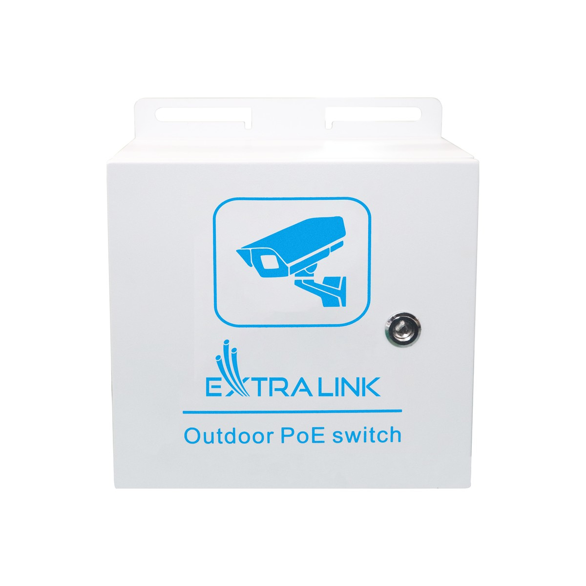 Białe pudełko z ikoną kamery i tekstem: Outdoor PoE switch, firmy EXTRA LINK.