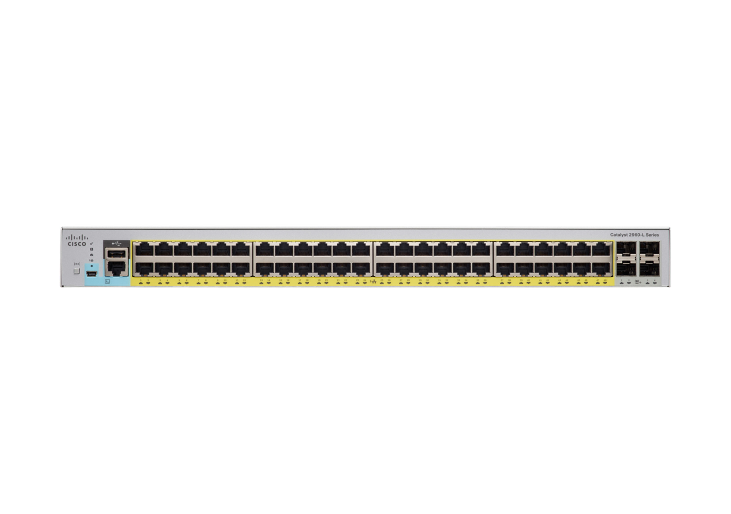 Silberner Cisco Catalyst Switch mit zahlreichen Ports. Weißer Hintergrund.