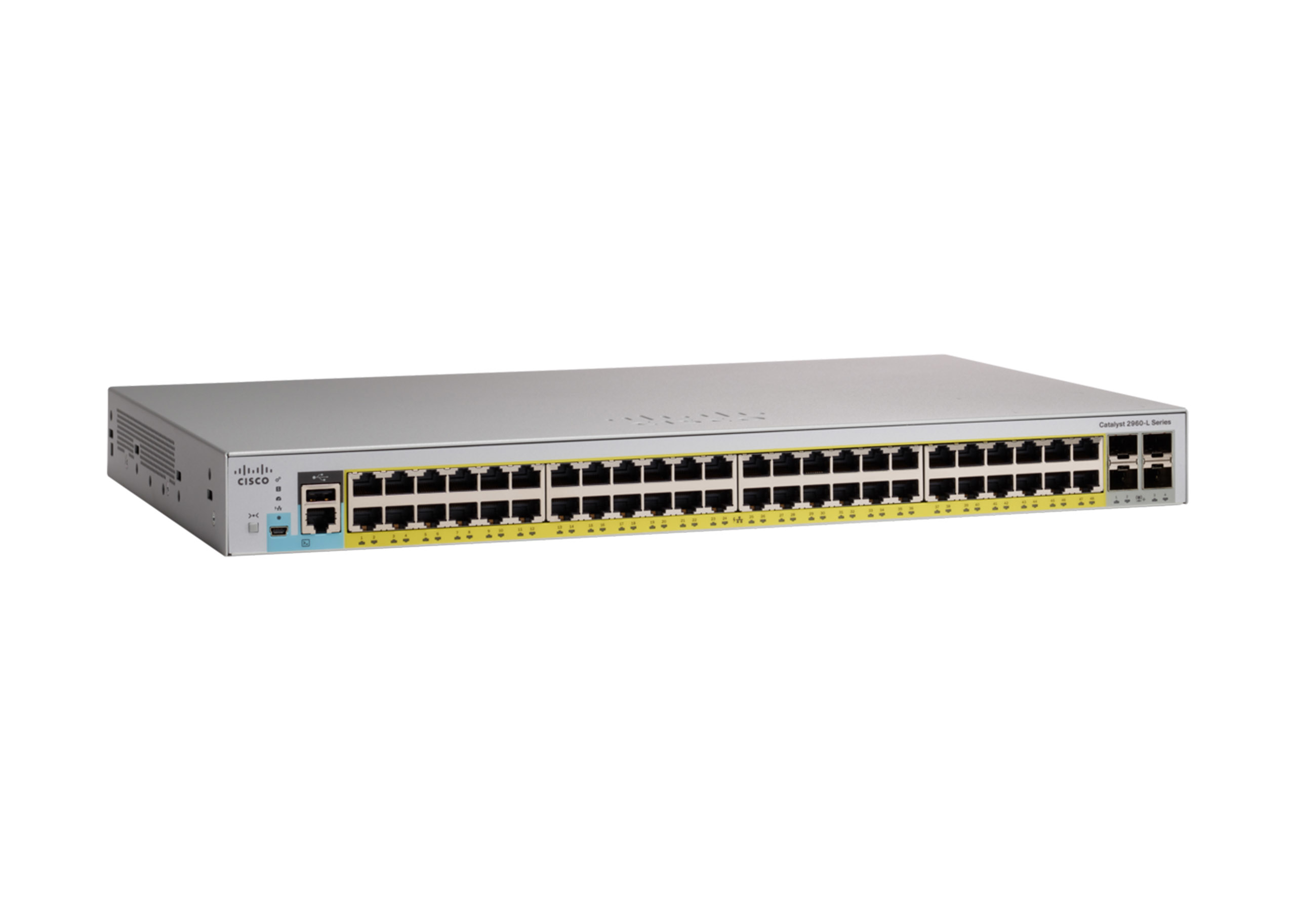 Silberner Cisco Catalyst 2960-L Series Switch. Ports auf der Vorderseite. Weißer Hintergrund.