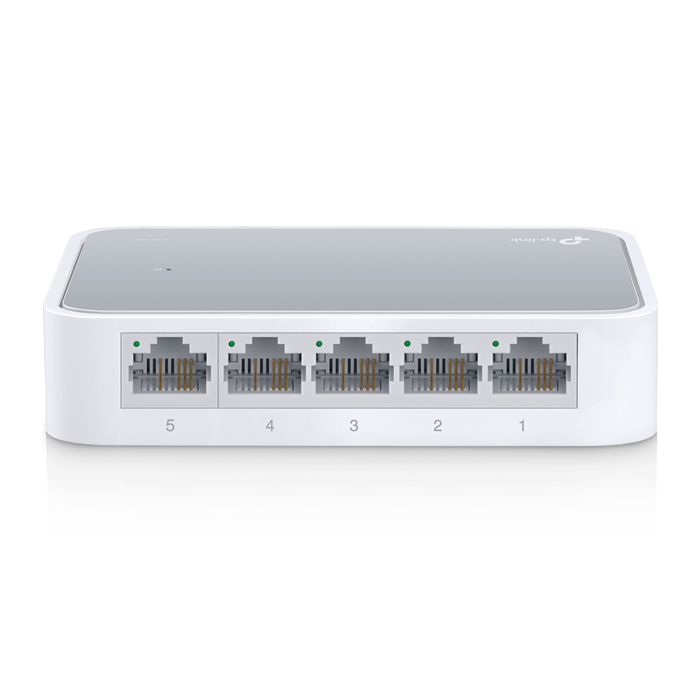 Weißer und grauer TP-Link-Netzwerk-Switch mit fünf nummerierten Anschlüssen auf weißer Oberfläche.