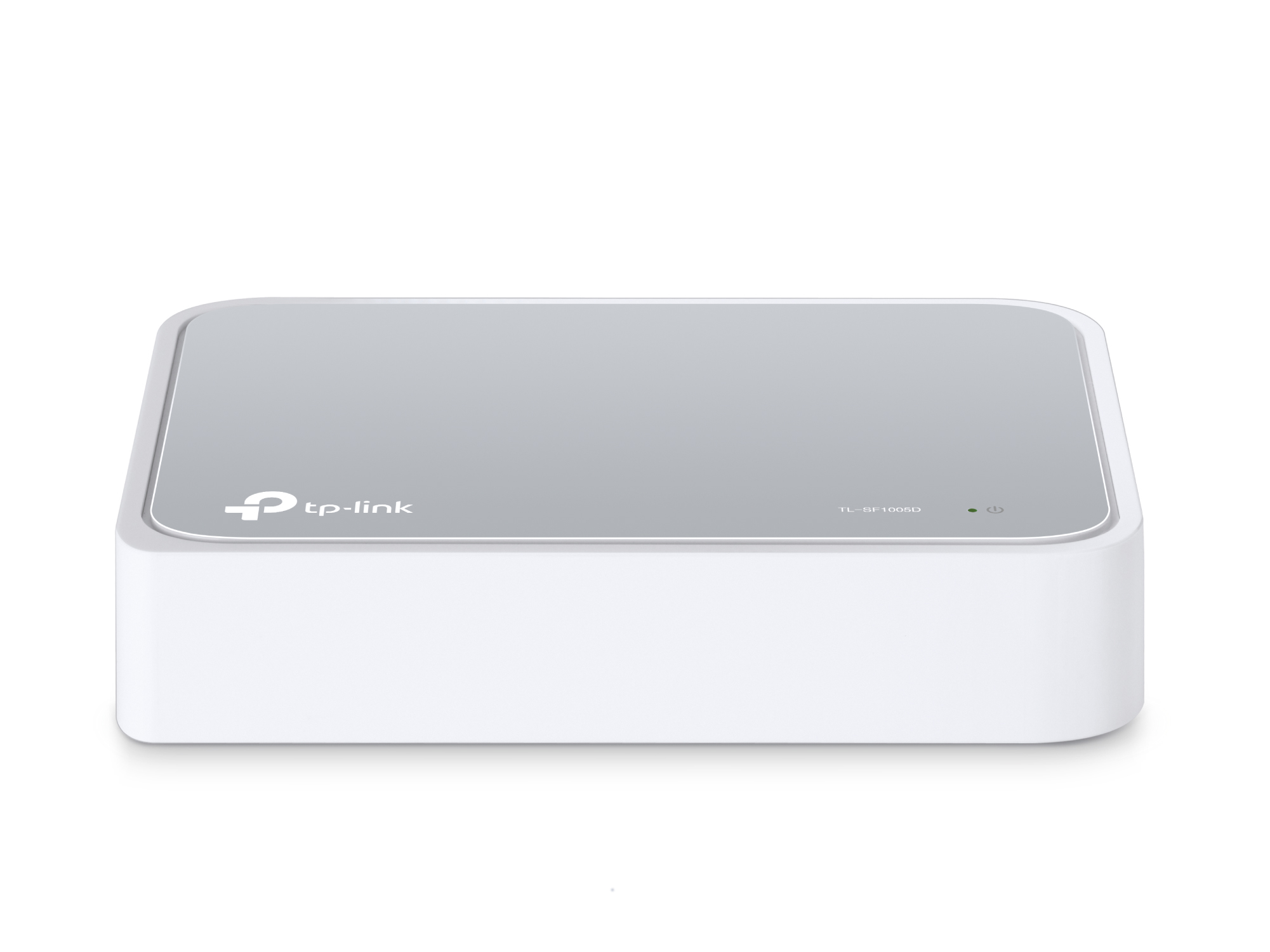 Weißer TP-Link-Switch. TP-Link-Logo vorne. Stromanzeige sichtbar.