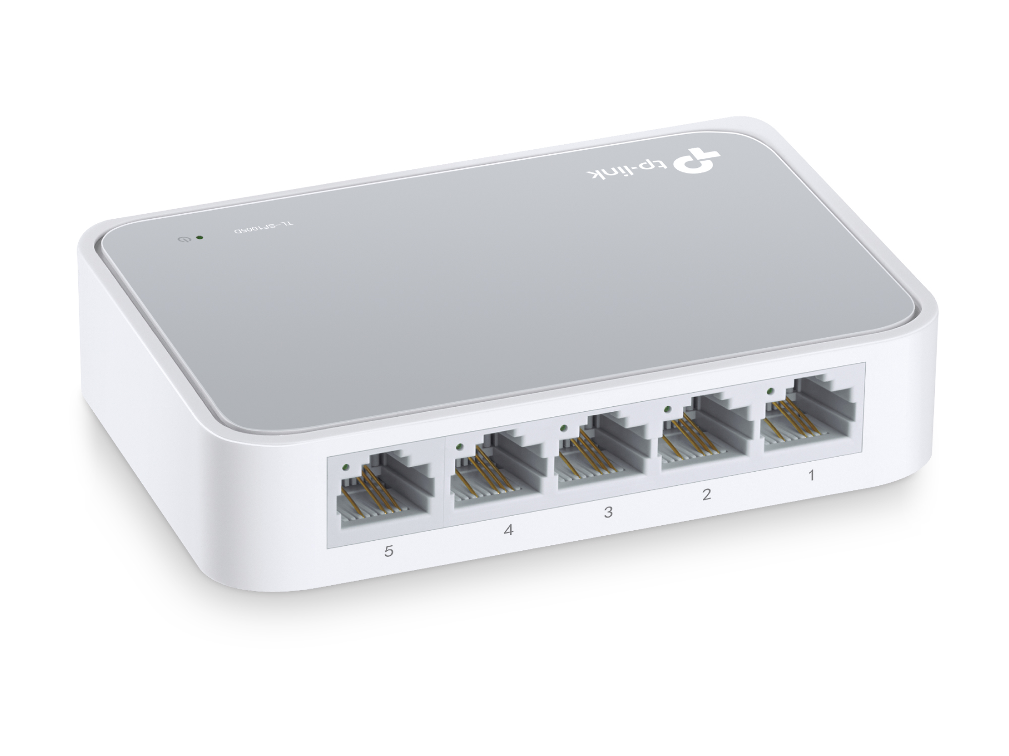 Weißer TP-Link 5-Port-Ethernet-Switch. Ports 1-5 vorne.