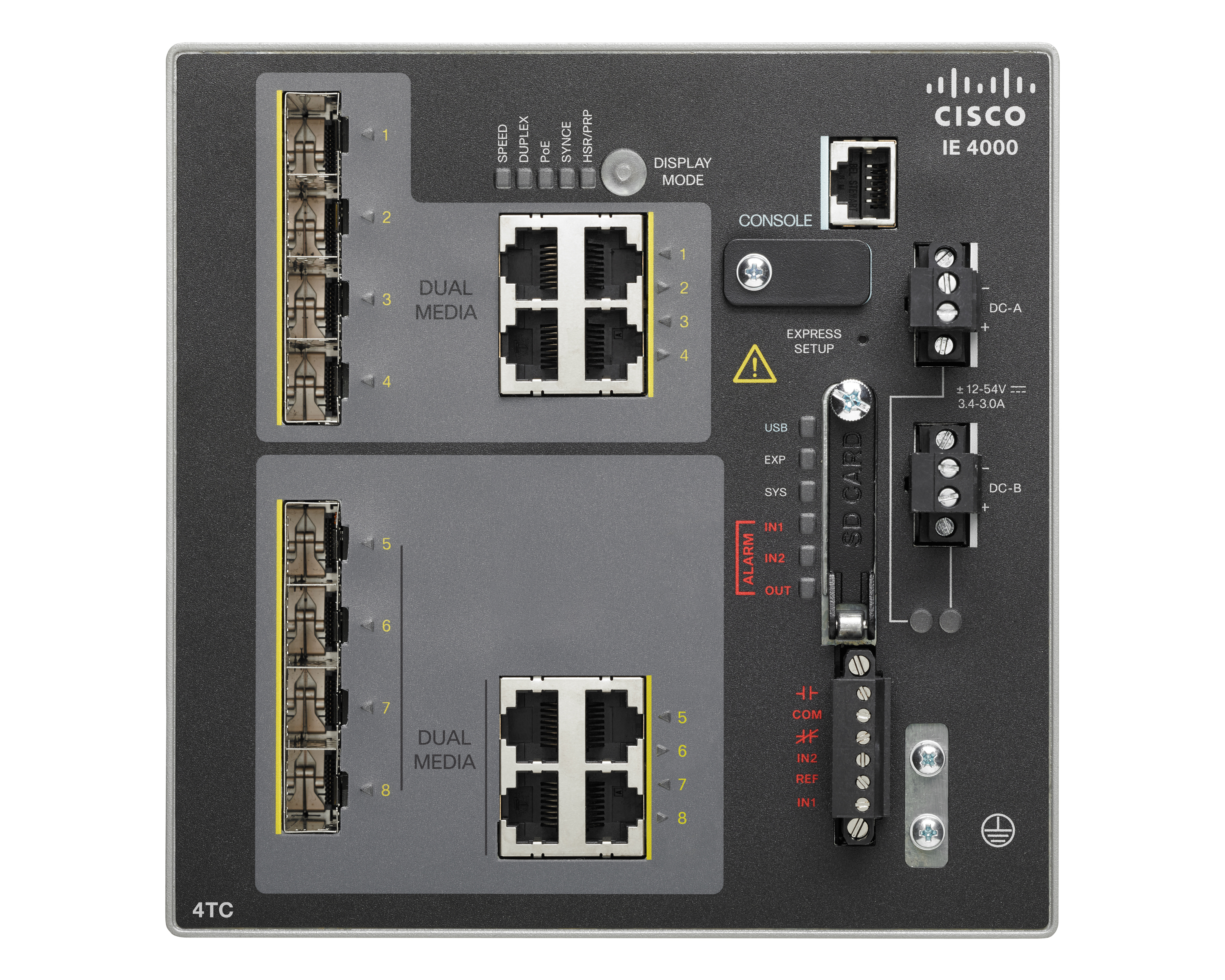 Switch serie Cisco IE 4000, nero, con porte, etichette e porta console.