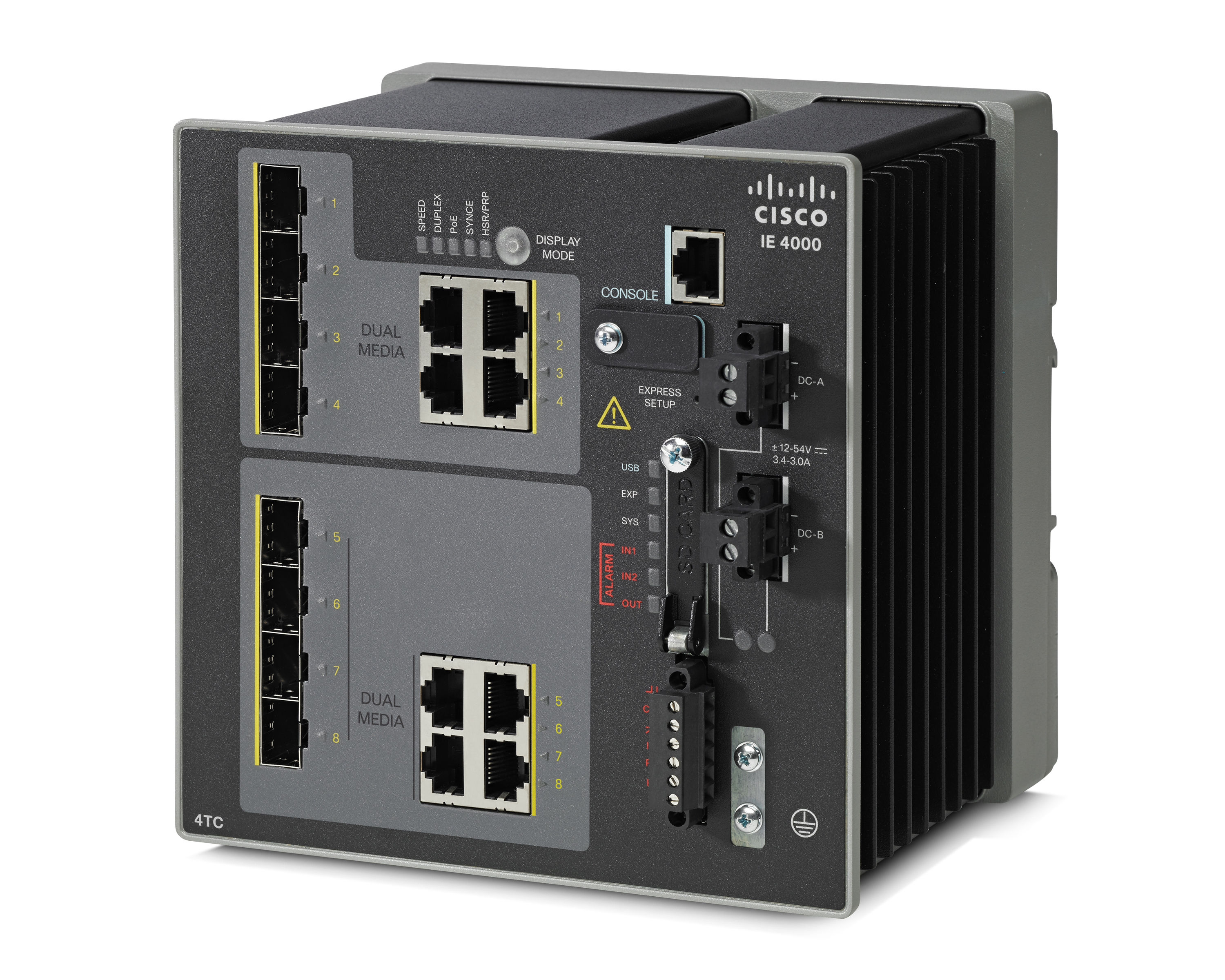 Switch Cisco IE 4000, vista frontale con porte ed etichette.