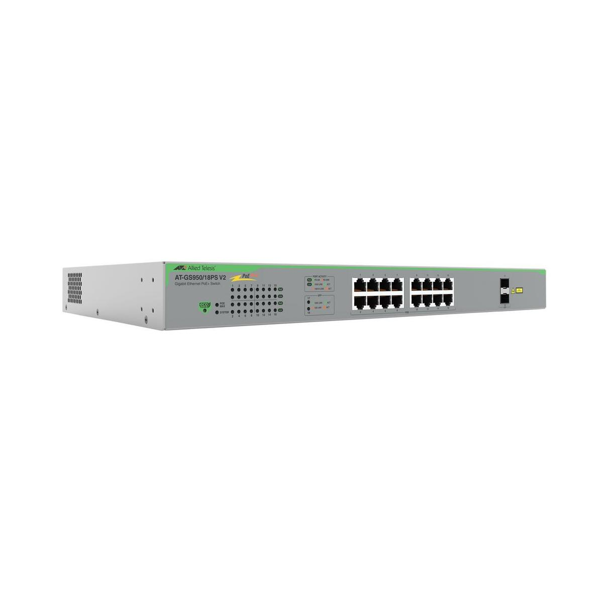 Uno switch Allied Telesis con più porte e indicatori, su sfondo bianco.