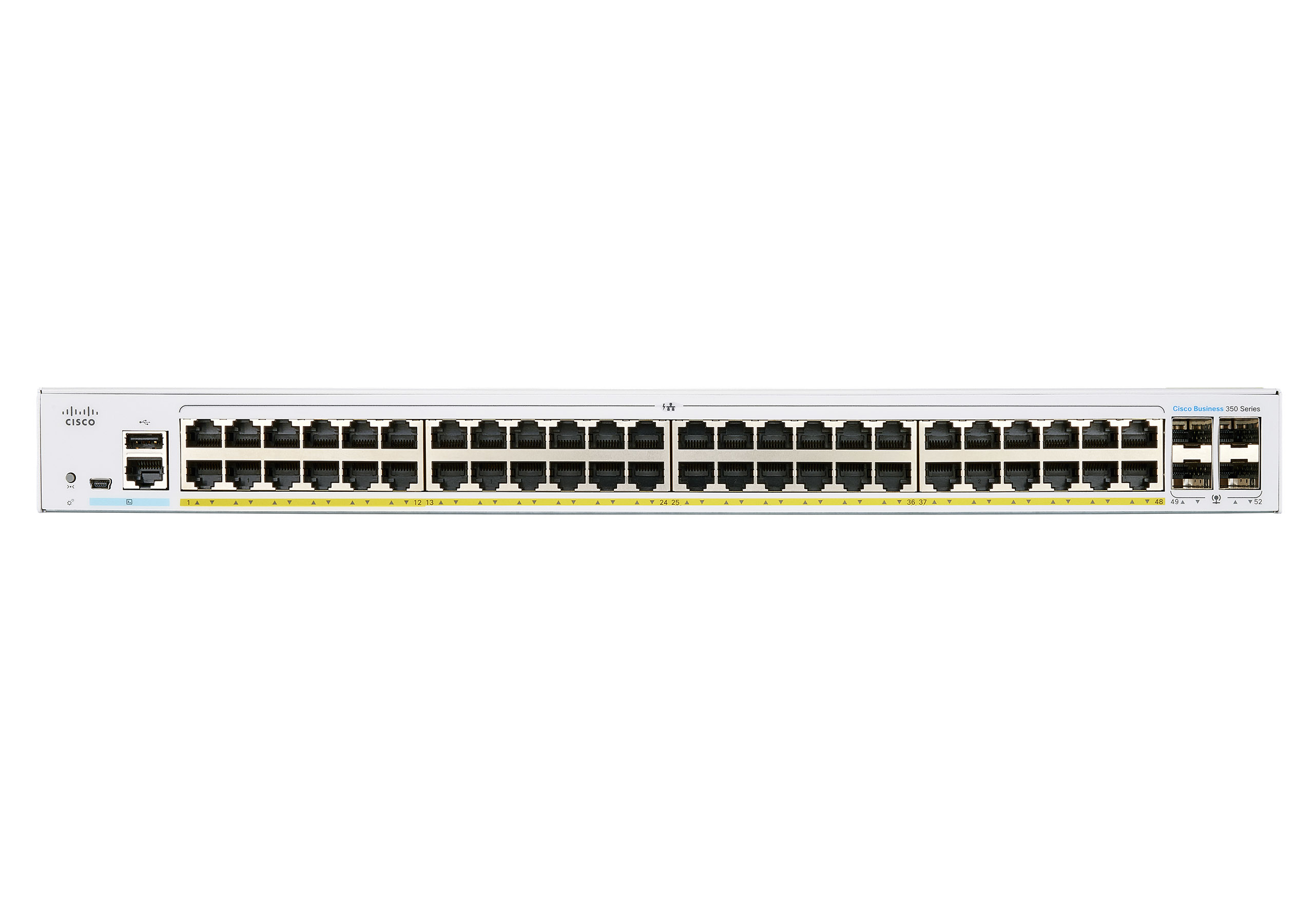 Weißer Cisco Netzwerk-Switch. Mehrere Anschlüsse sind auf der Vorderseite sichtbar. Cisco-Logo vorhanden.