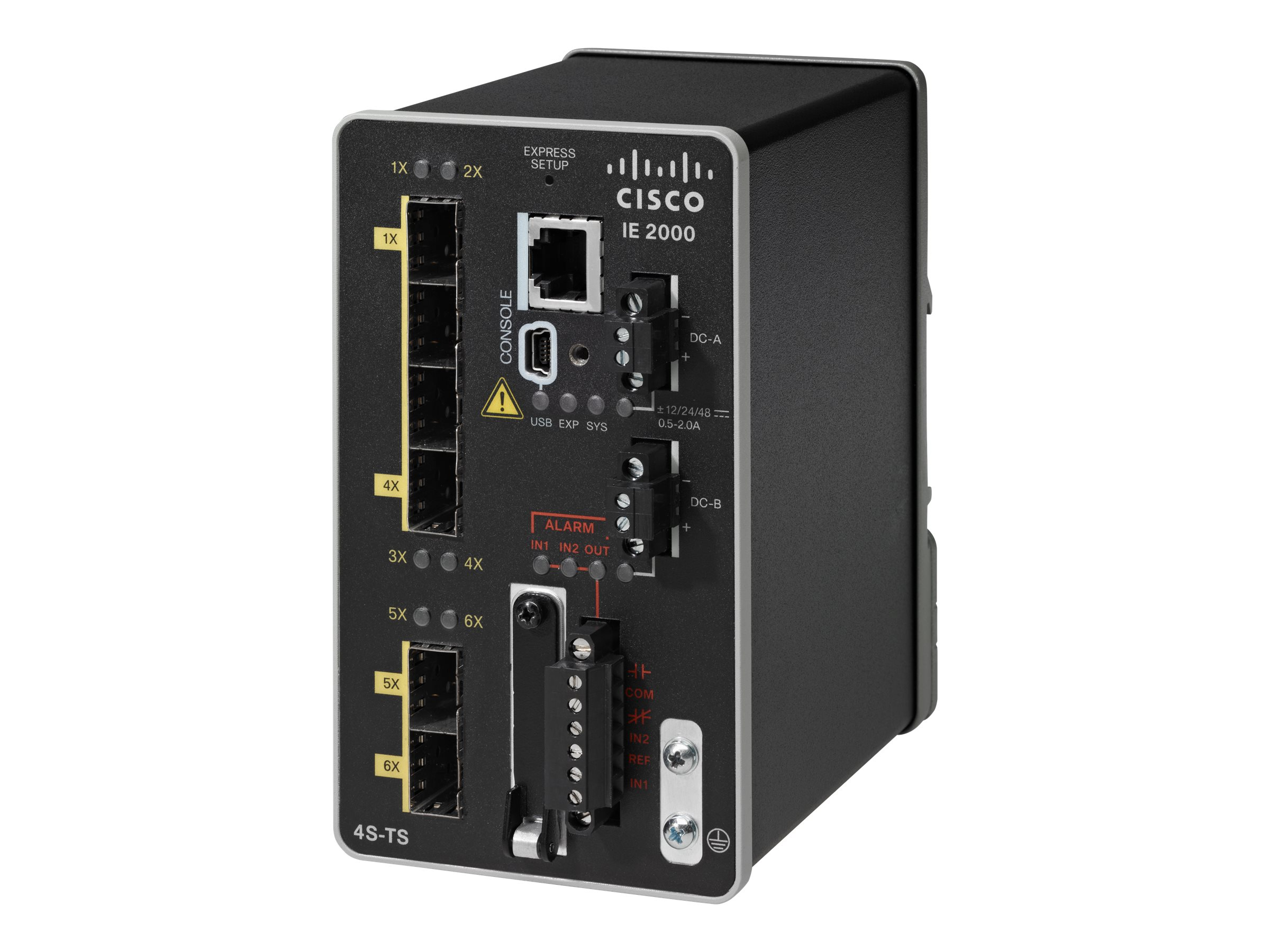 Uno switch serie IE 2000 Cisco nero con porte e indicatori, su bianco.
