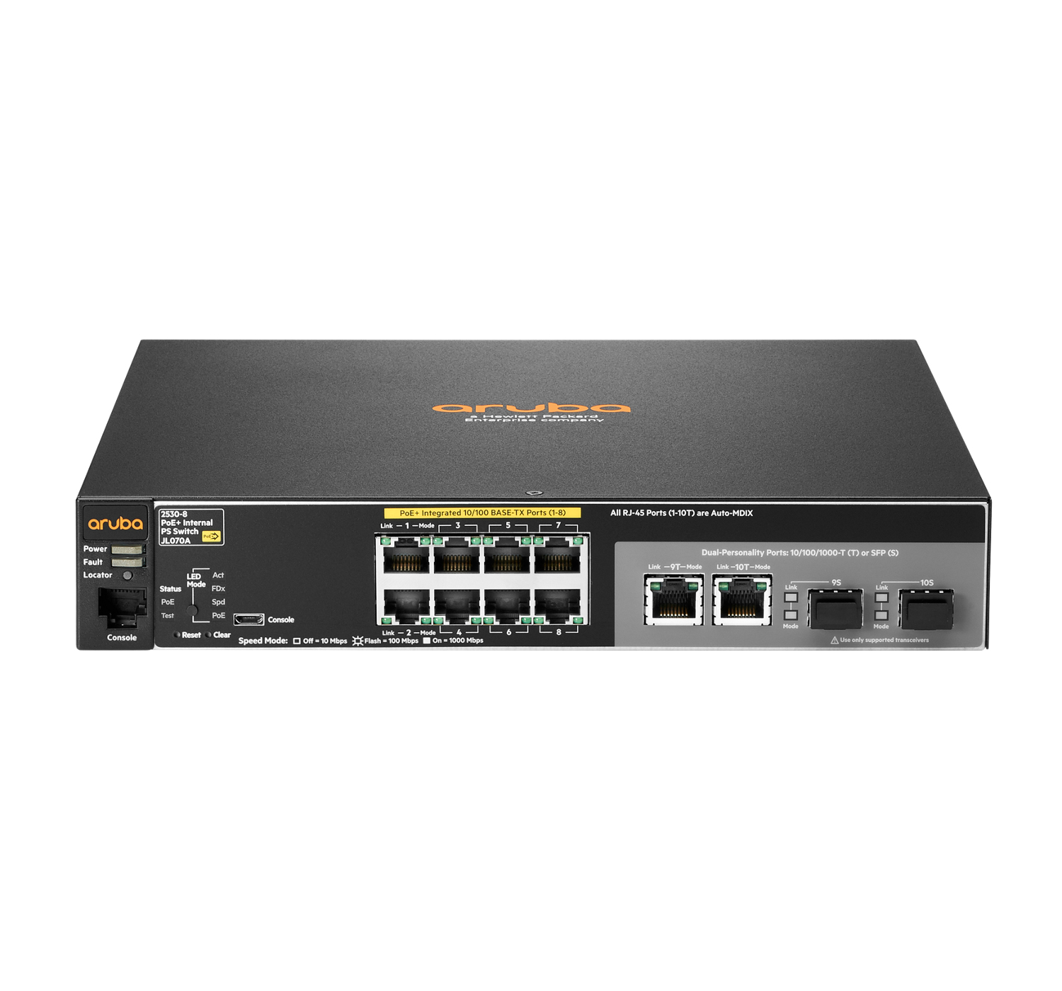 Schwarzer Netzwerk-Switch mit Ports und Etiketten. ARUBA-Logo. Weißer Hintergrund.