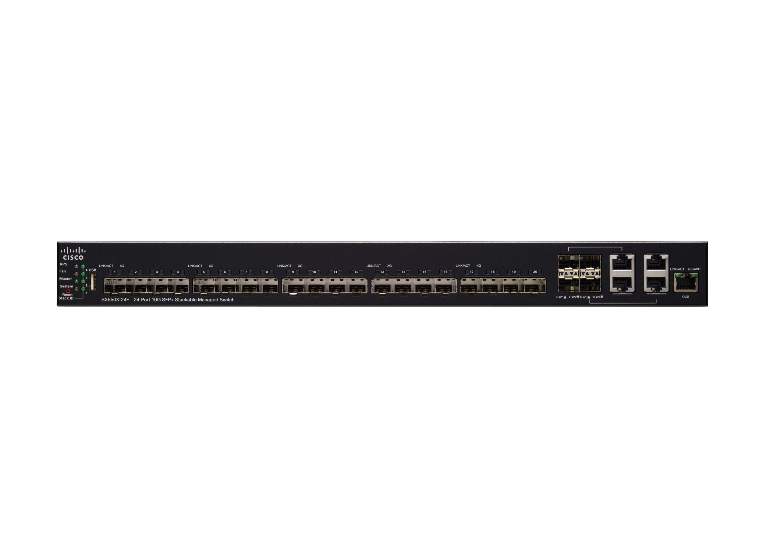 Schwarzer Cisco-Netzwerk-Switch mit zahlreichen Anschlüssen und Beschriftungen auf der Vorderseite.