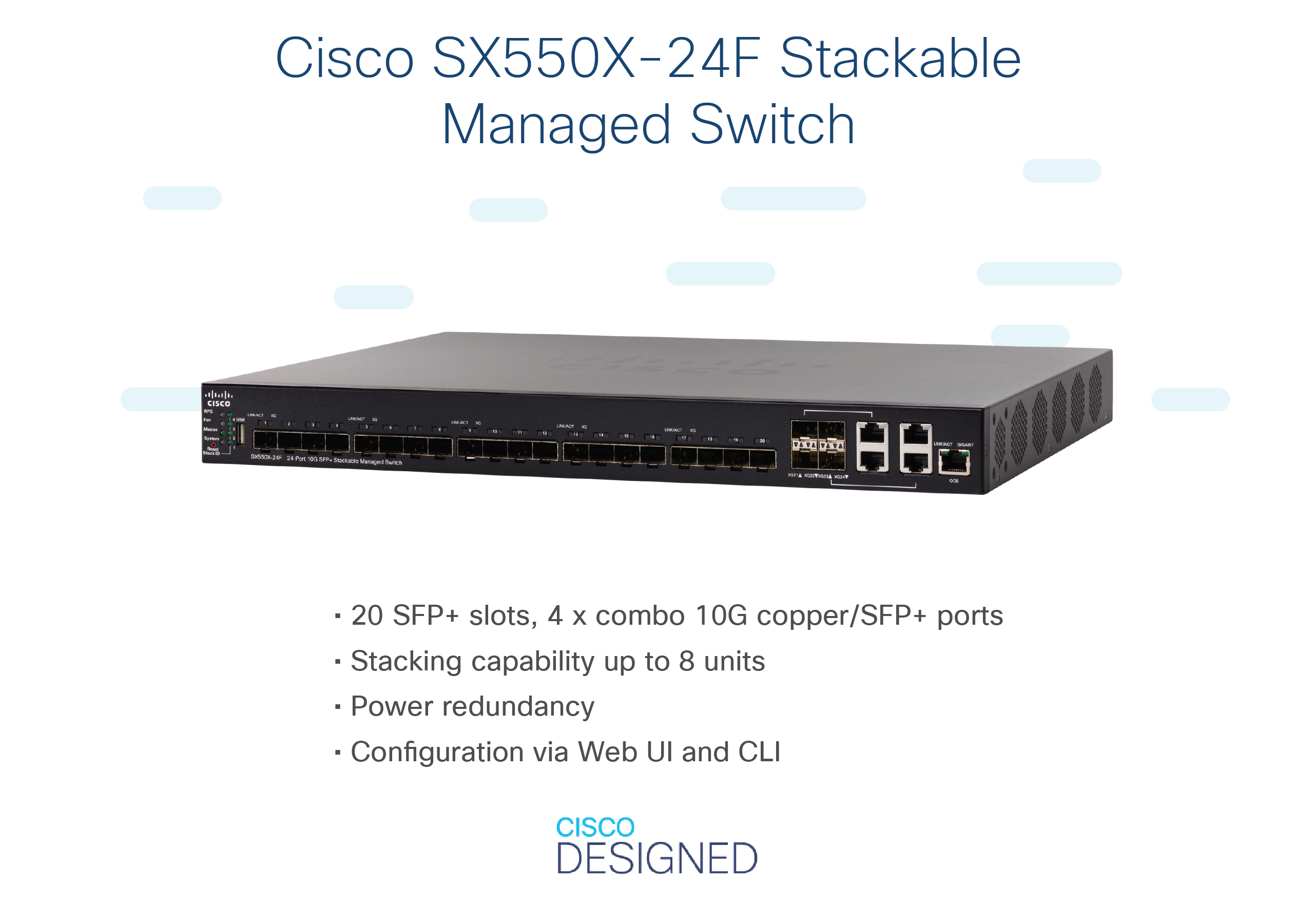 Schwarzer Netzwerk-Switch mit Text und Merkmalen. Cisco-Logo.