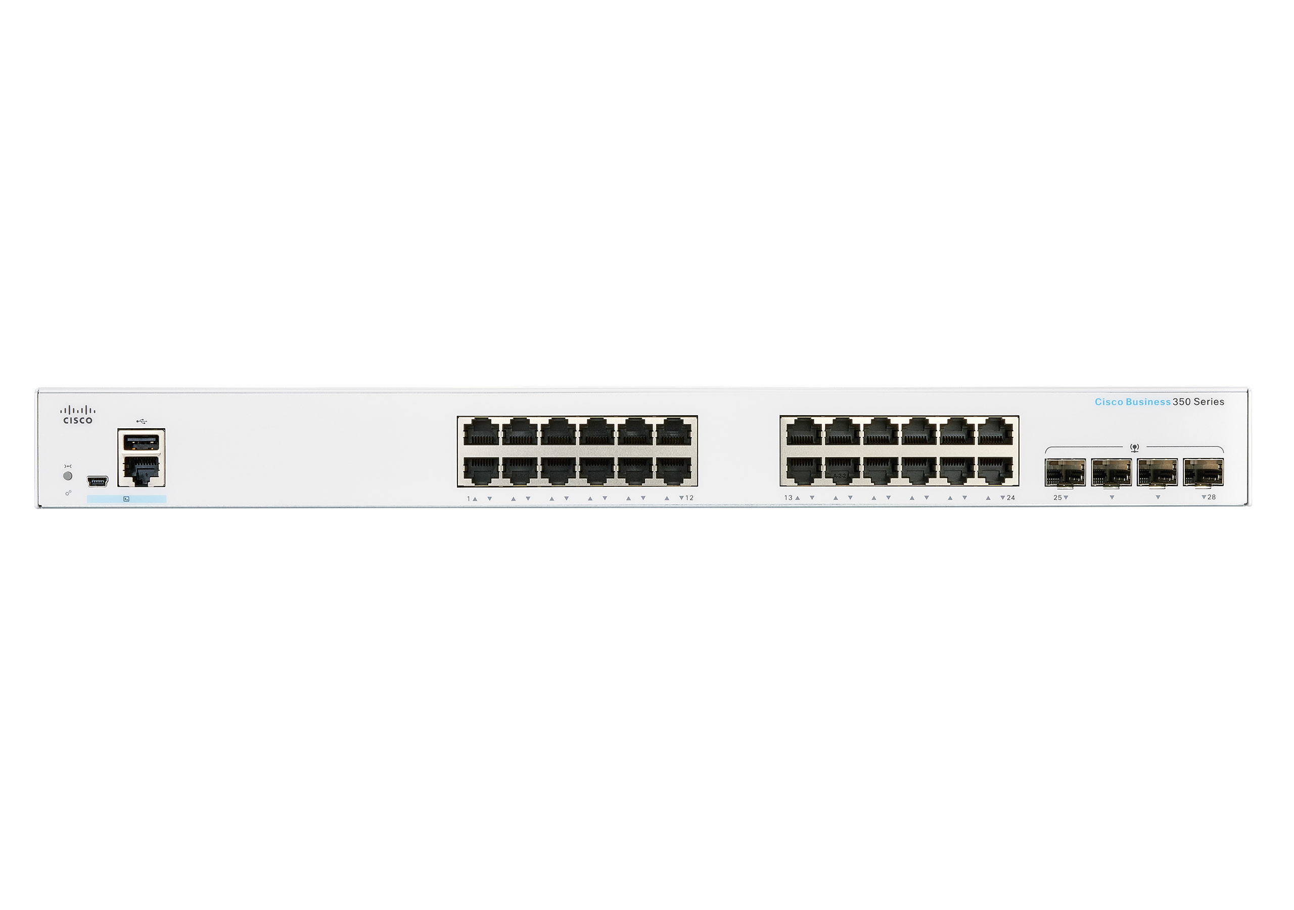Weißer Cisco-Netzwerk-Switch mit Anschlüssen und Cisco-Logo links, vor weißem Hintergrund.