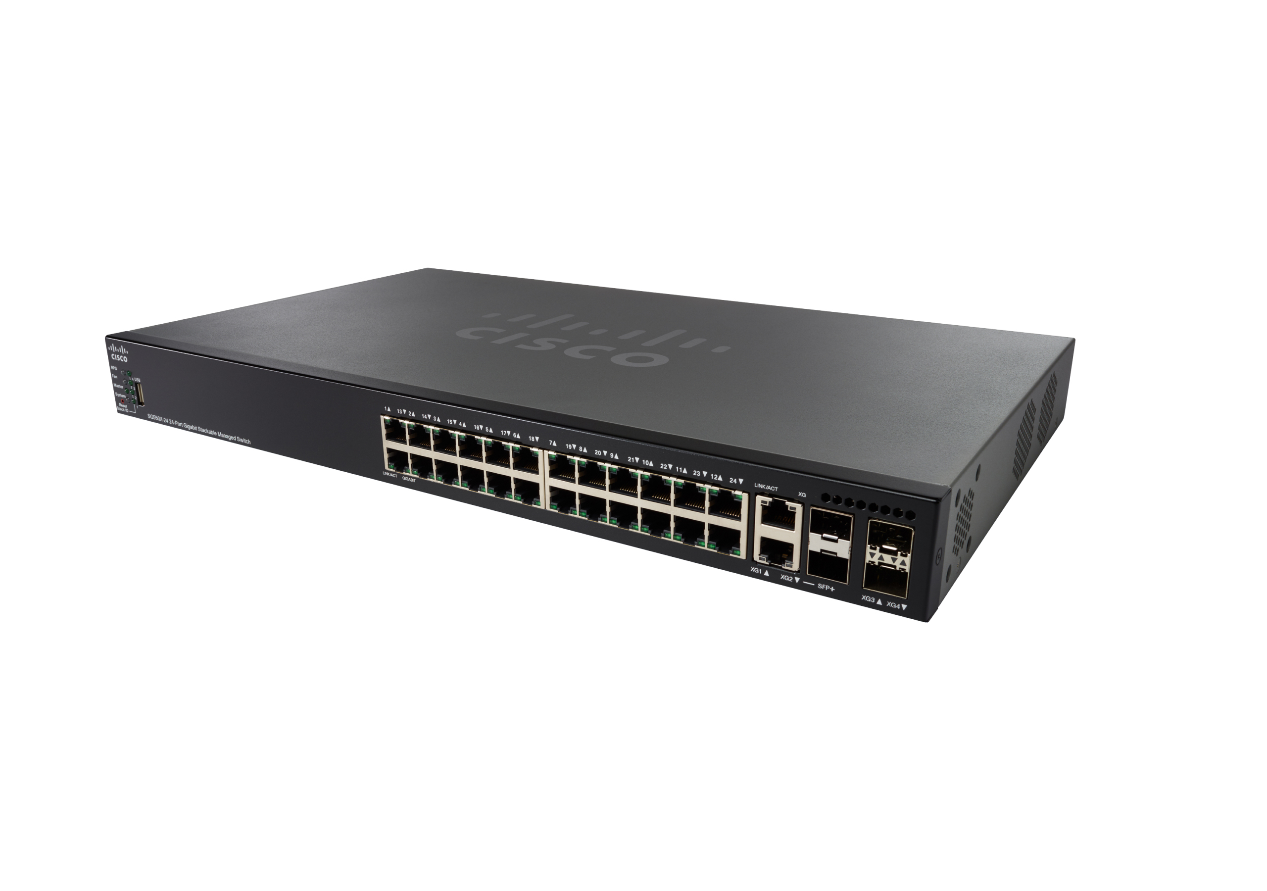 Schwarzer Cisco Netzwerk-Switch mit zahlreichen Anschlüssen und Cisco-Logo auf weißem Hintergrund.