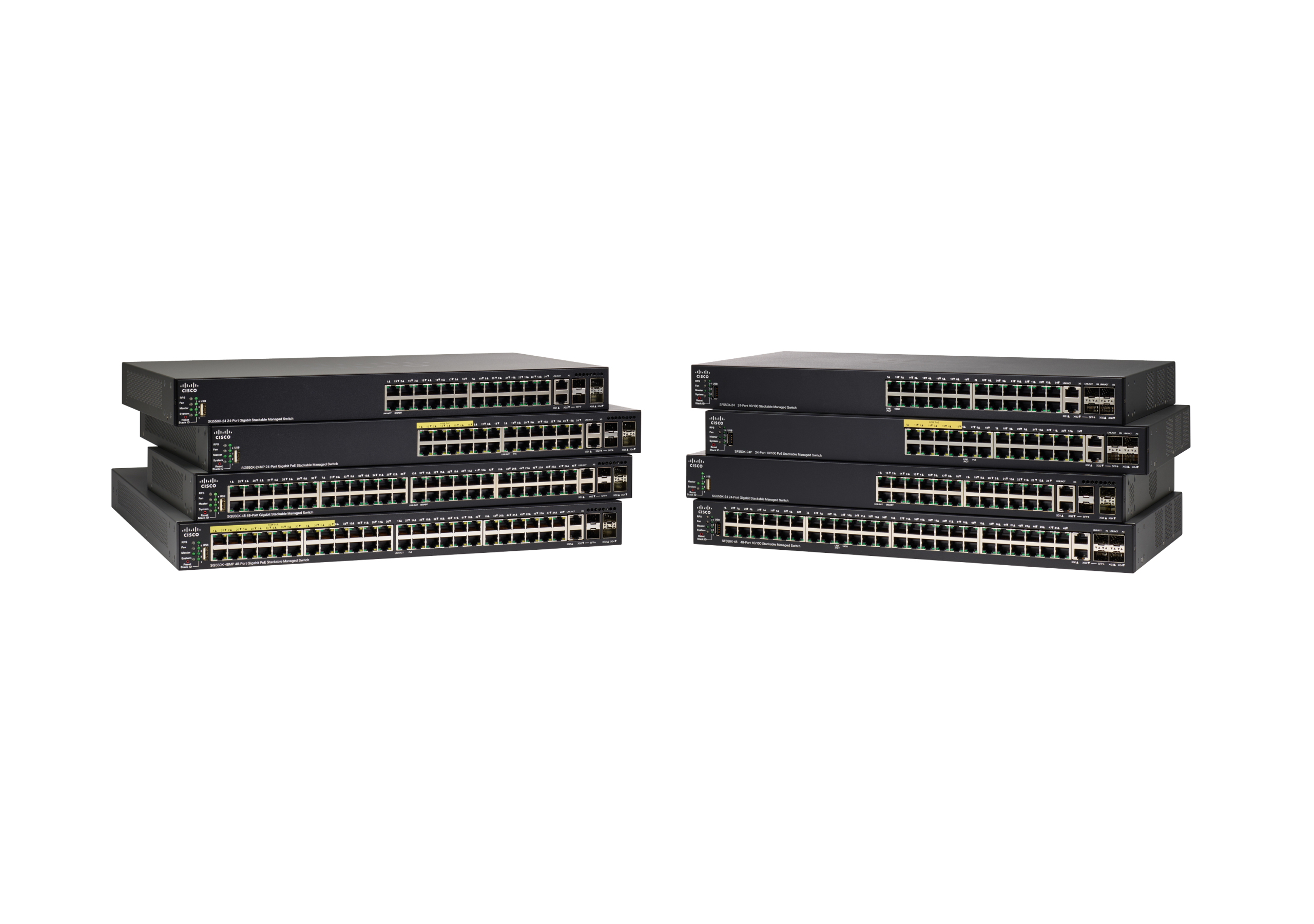 Schwarze Cisco-Netzwerk-Switches, in zwei Gruppen gestapelt. Weißer Hintergrund.