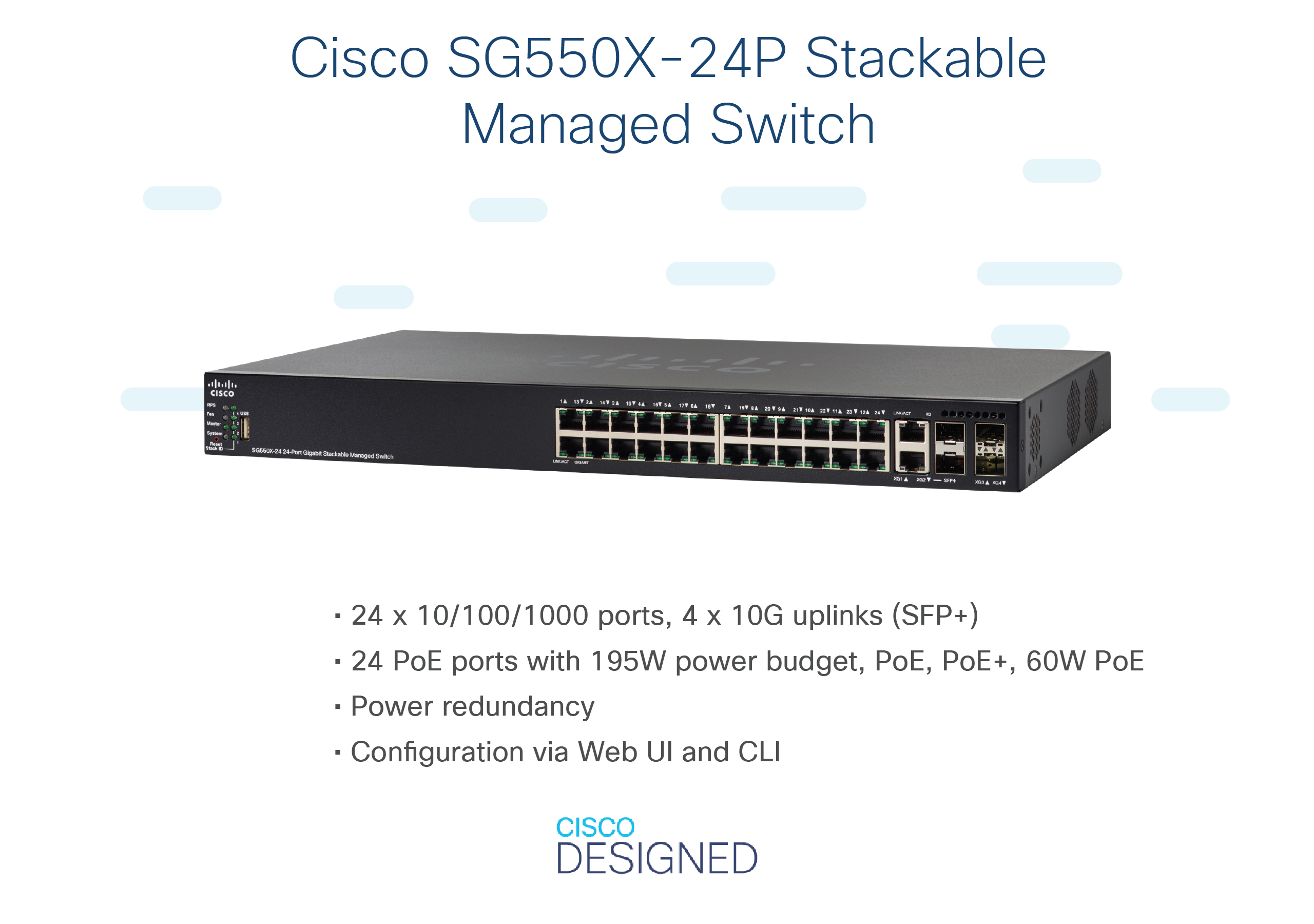 Cisco SG550X-24P Switch mit vielen Anschlüssen. Produktinformationen werden angezeigt.