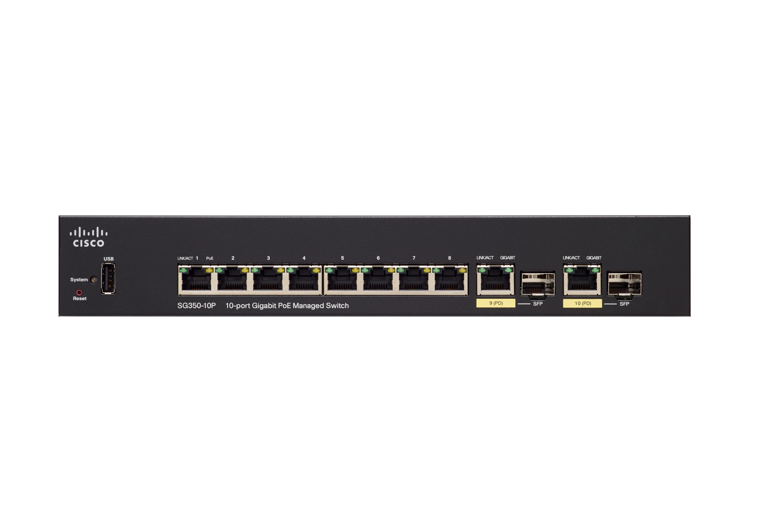 Schwarzer Cisco SG350-10P 10-Port Gigabit PoE Managed Switch, mit Etiketten.