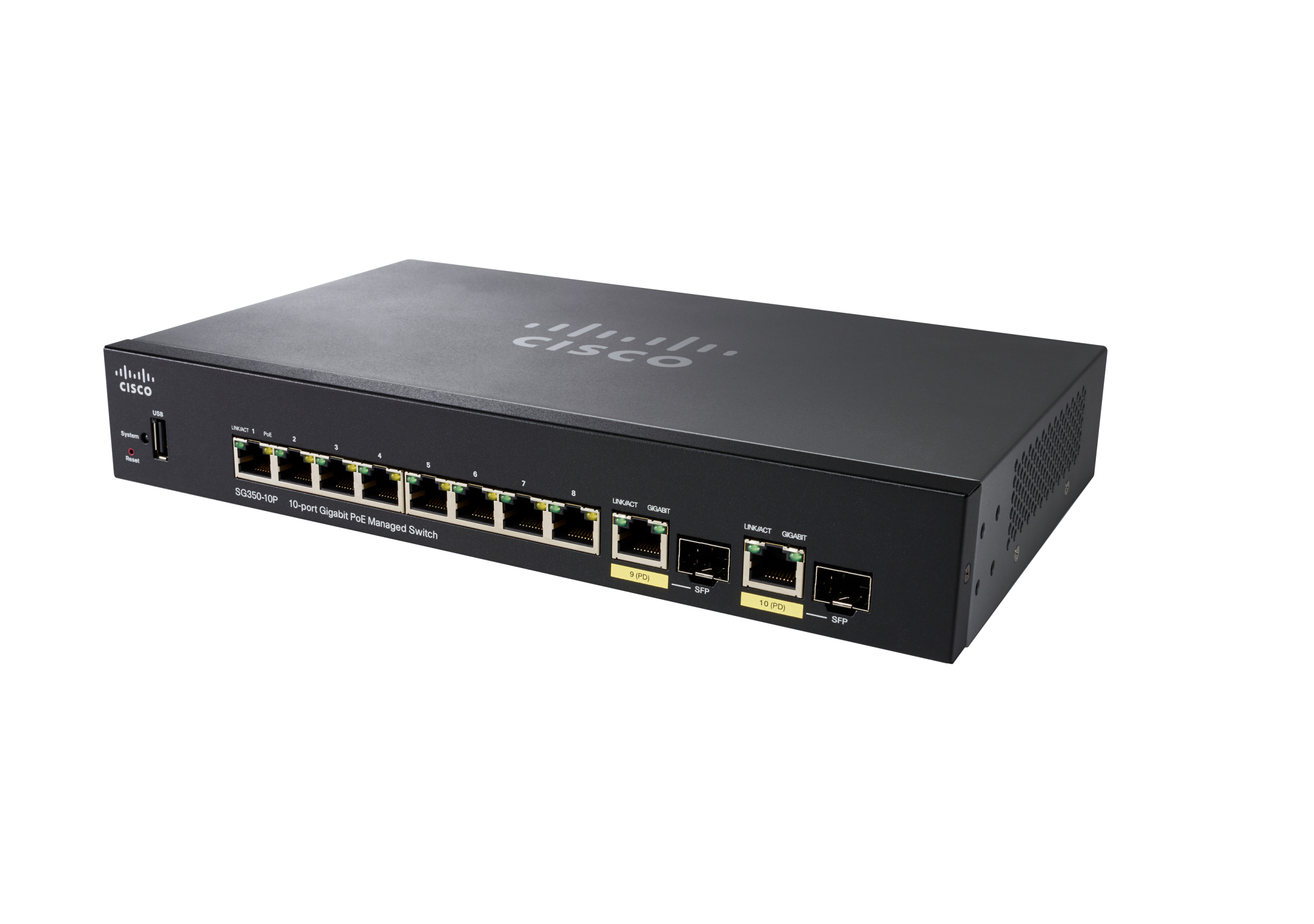 Schwarzer Cisco SG350-10P Switch auf Weiß. Viele Ports sichtbar. Cisco oben.