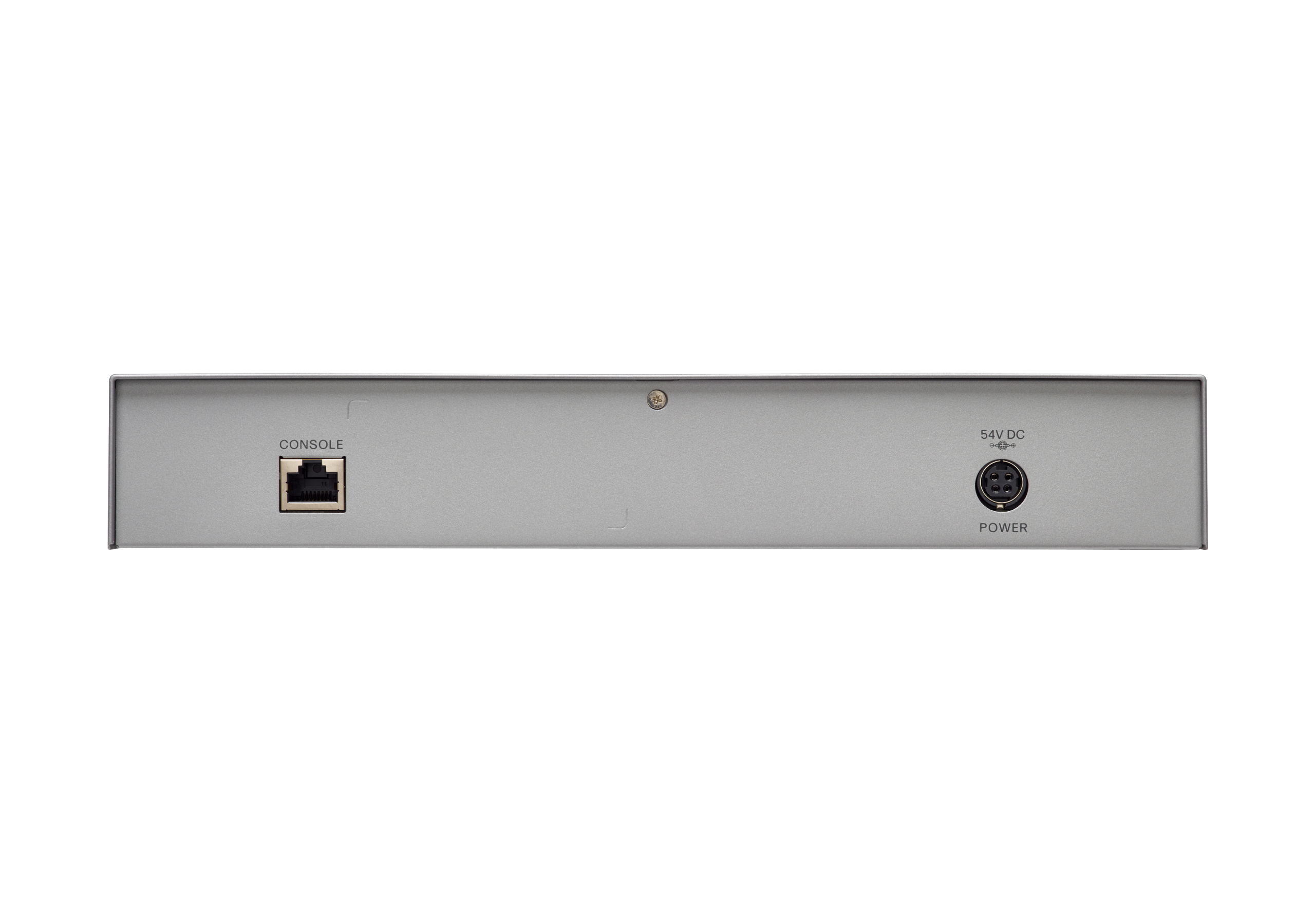 Graue Switch-Rückseite mit Konsolenanschluss und Stromeingang. Etiketten sichtbar.