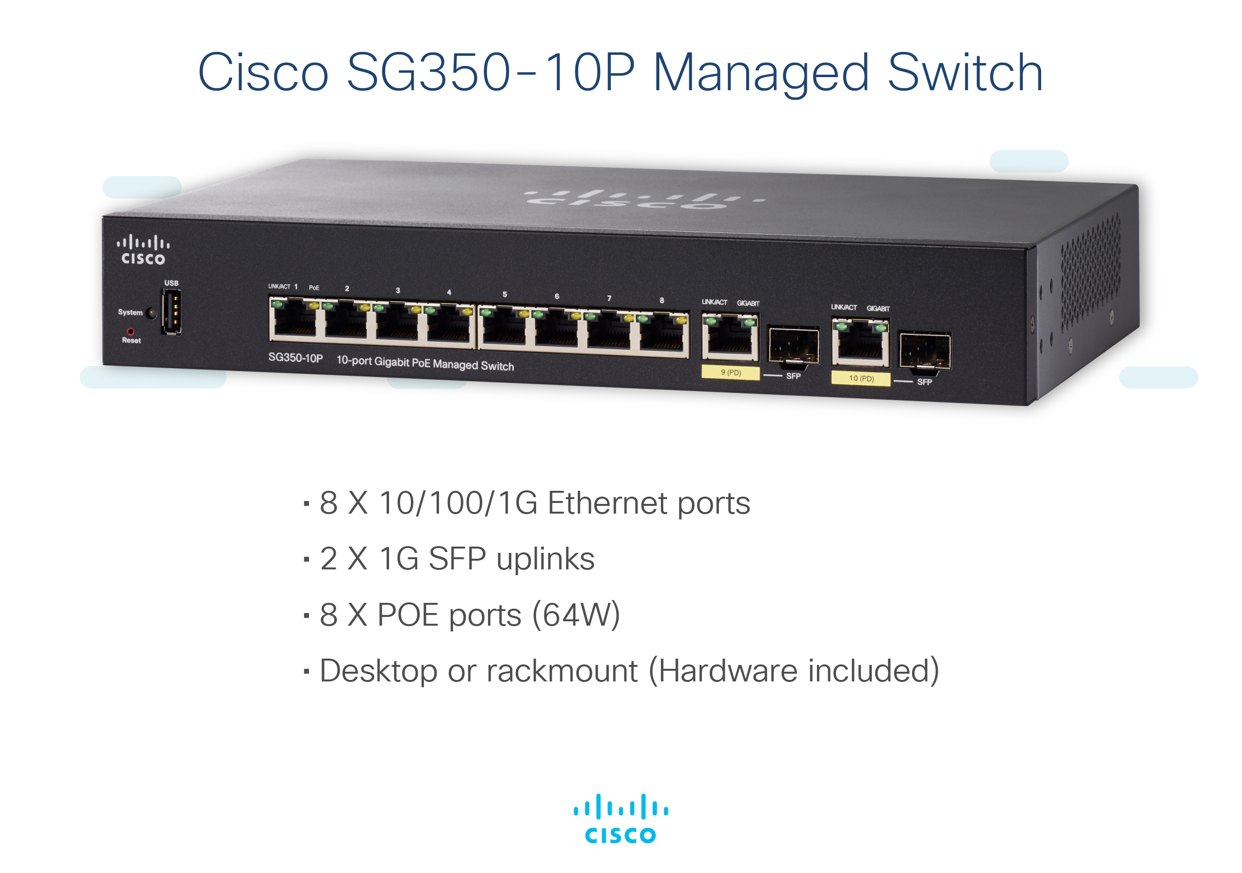 Cisco SG350-10P Managed Switch. Text beschreibt Funktionen und das Cisco-Logo befindet sich unten.