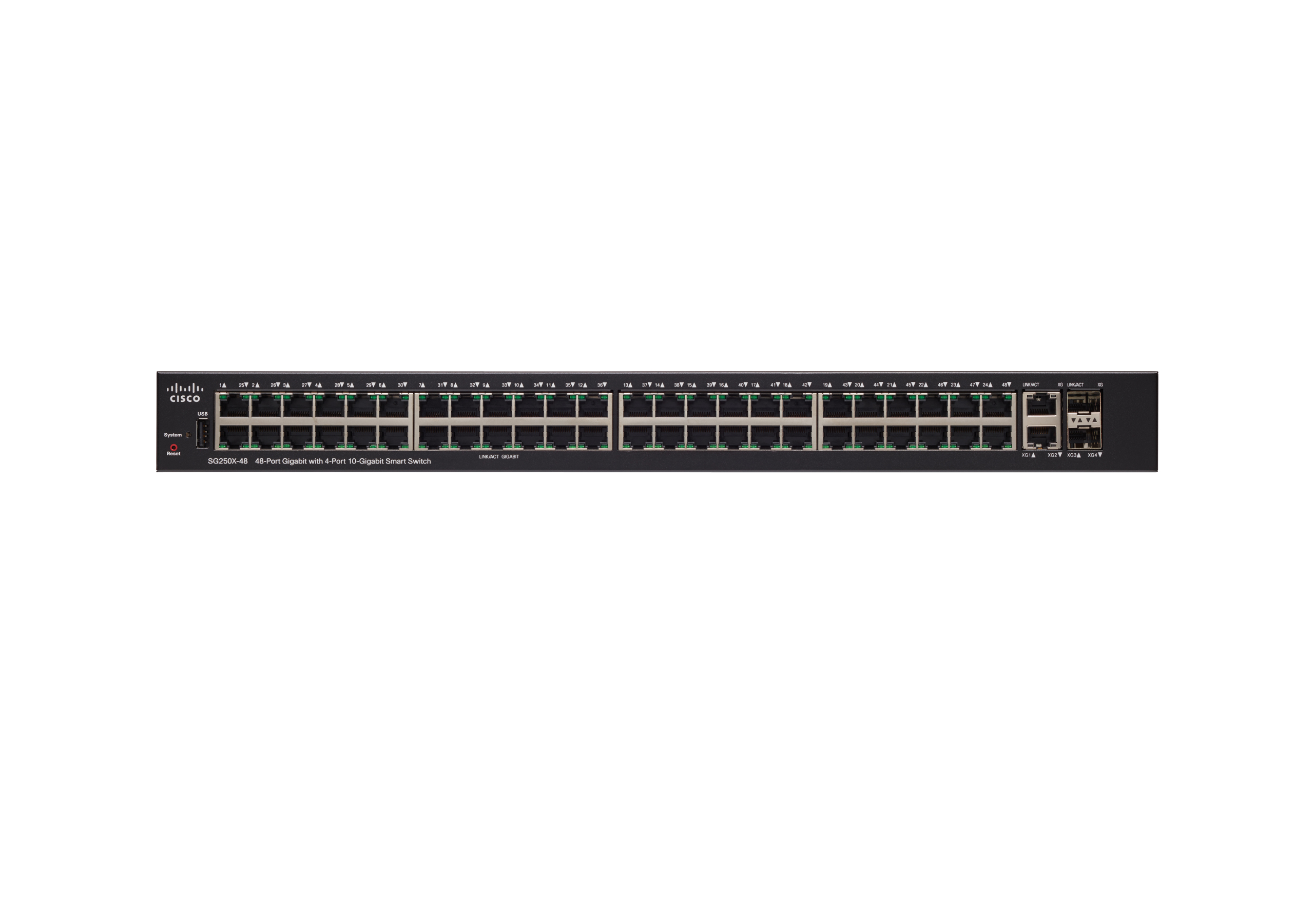 Schwarzer Cisco-Netzwerk-Switch mit mehreren Anschlüssen, auf weißem Hintergrund.