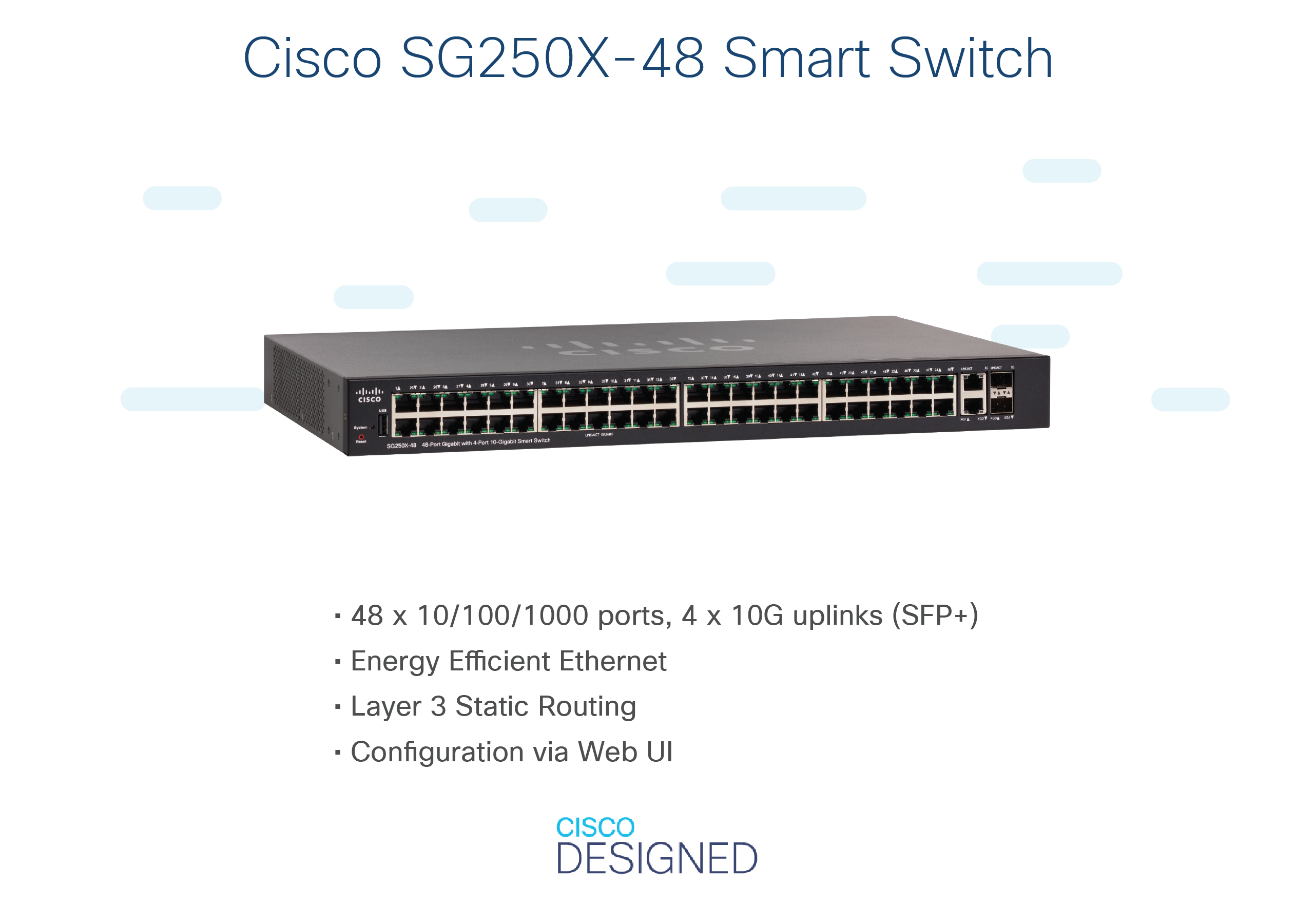 Cisco SG250X-48 Smart Switch, Vorderansicht mit Anschlüssen, weißer Hintergrund.