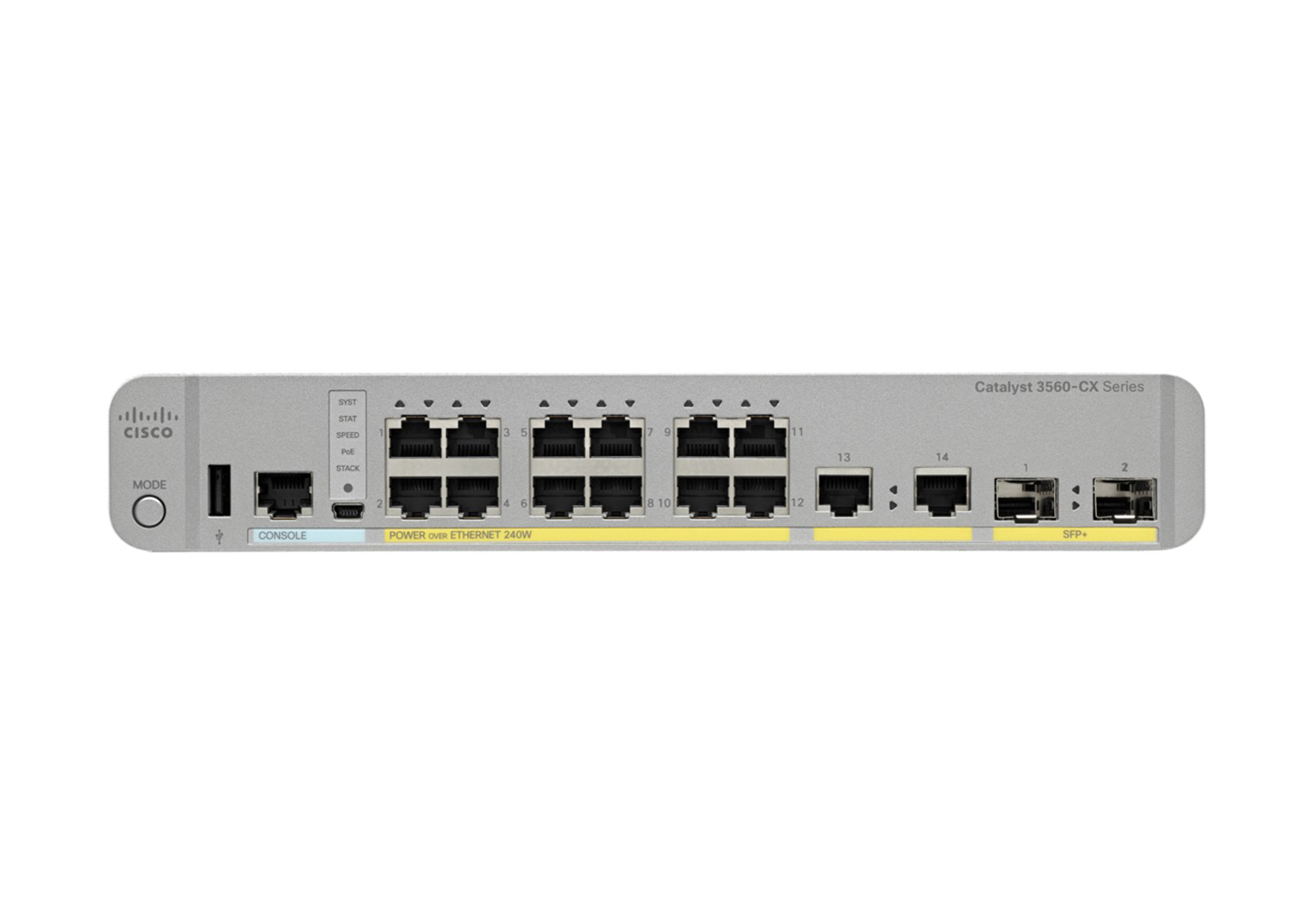 Ein silberner Cisco-Switch. Er hat mehrere Anschlüsse und Status-LEDs. Der Modellname ist Catalyst 3560-CX.